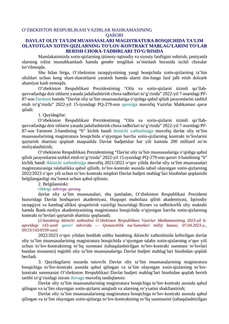 DAVLAT OLIY TA’LIM MUASSASALARI MAGISTRATURA BOSQICHIDA TA’LIM OLAYOTGAN XOTIN-QIZLARNING TO‘LOV-KONTRAKT MABLAG‘LARINI TO‘LAB BERISH CHORA-TADBIRLARI TO‘G‘RISIDA 1