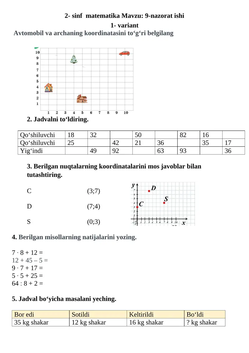 2- sinf matematika Mavzu: 9-nazorat ishi 1