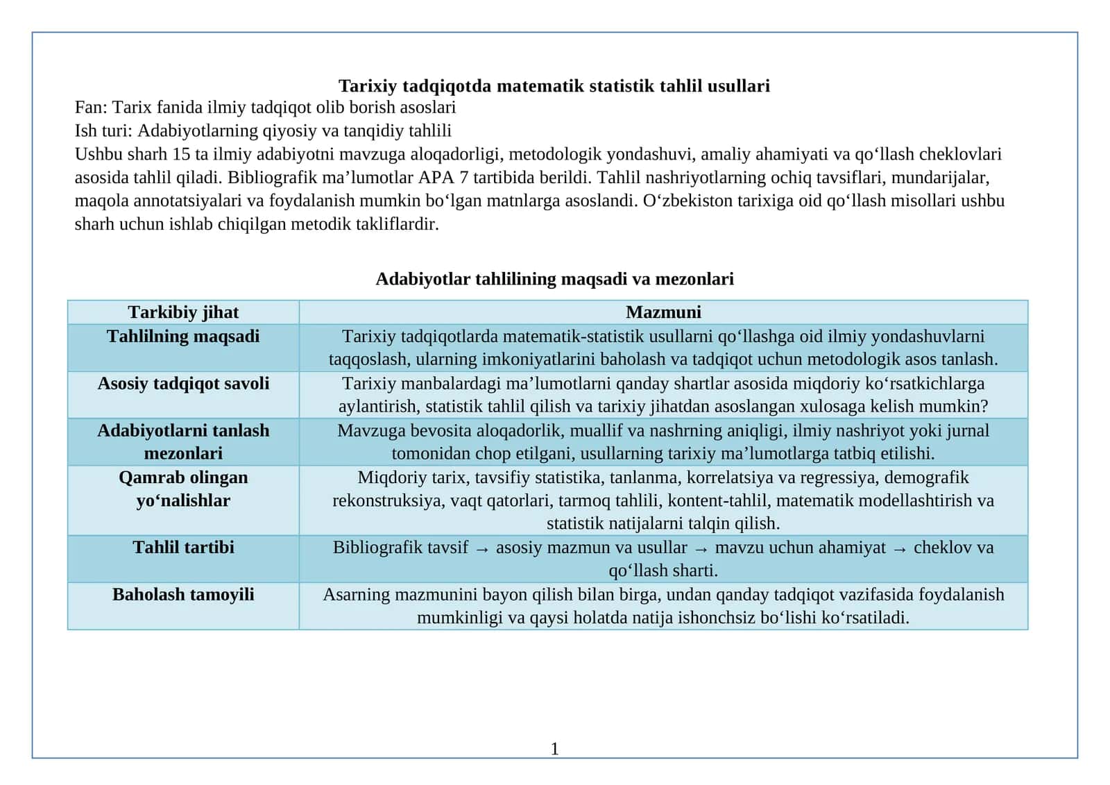 Tarixiy tadqiqotda matematik statistik tahlil usullari adabiyotlar tahlili 1