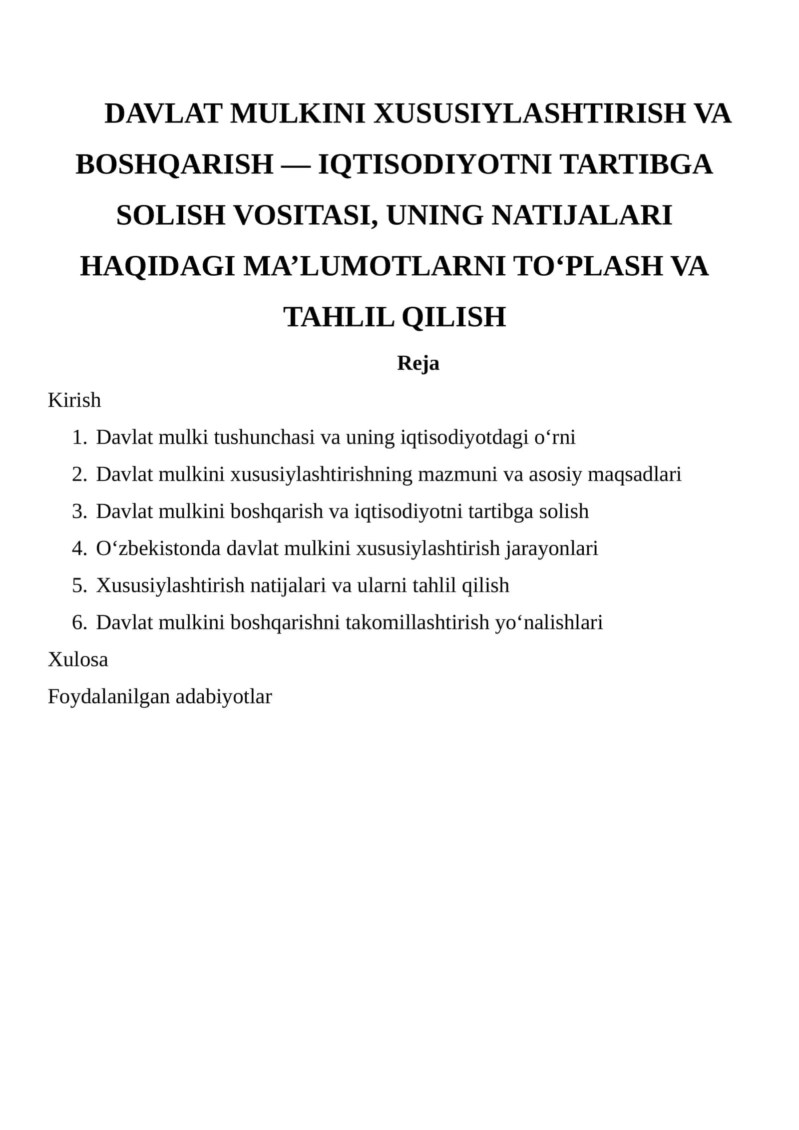 Davlat Mulkini Xususiylashtirish va Boshqarish 1