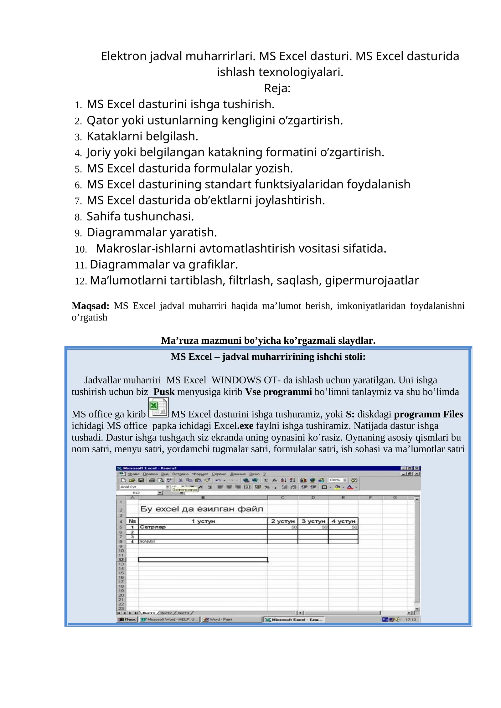 Elektron jadval muharrirlari. MS Excel dasturi 1