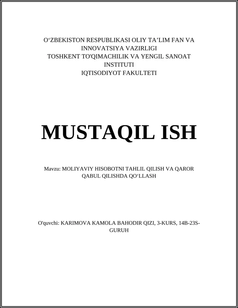 Moliyaviy Hisobotni Tahlil Qilish va Qaror Qabul Qilishda Qo‘llash 1