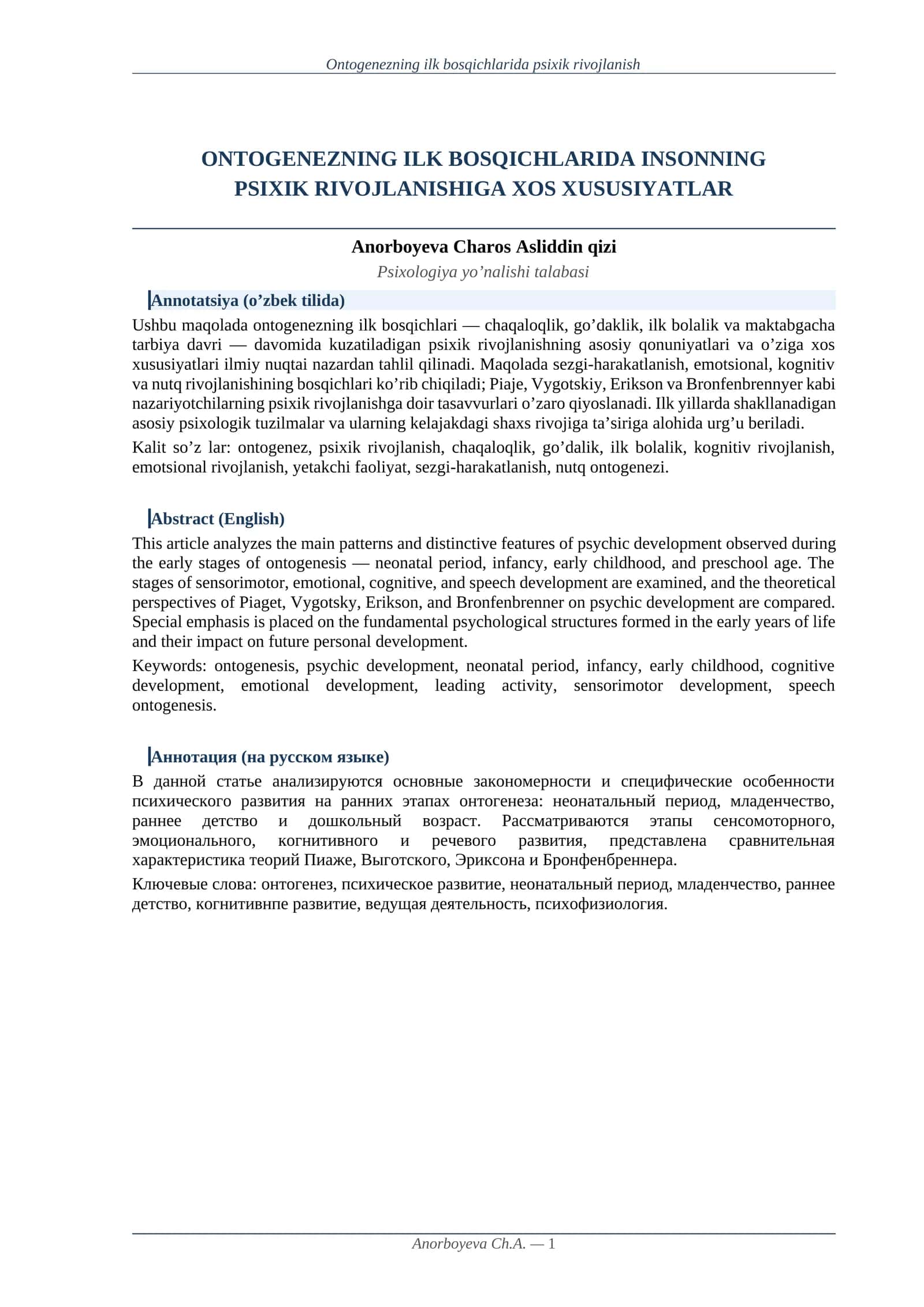Ontogenezning ilk bosqichlarida psixik rivojlanish 1