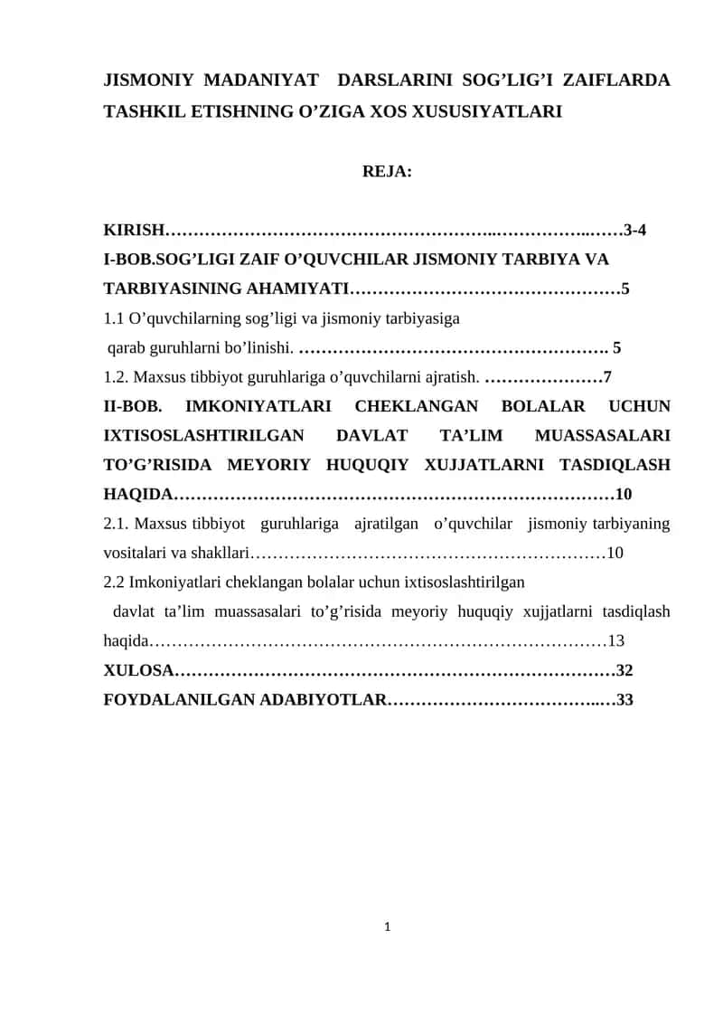 Jismoniy Madaniyat Darslarini Sog’lig’i Zaiflarda Tashkil Etishning O’ziga Xos Xususiyatlari 1