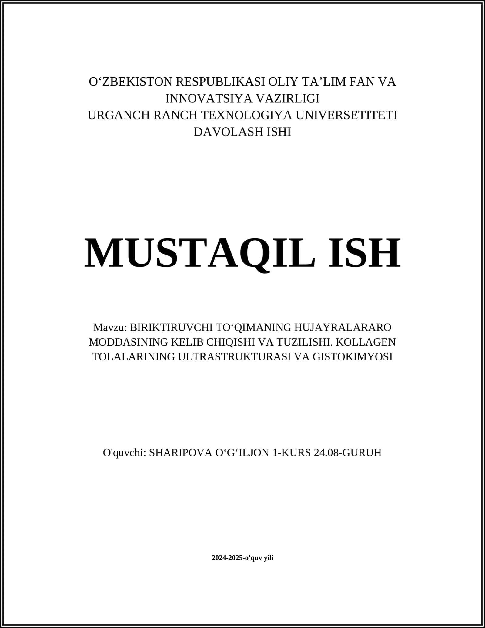 BIRIKTIRUVCHI TOʻQIMANING HUJAYRALARARO MODDASINING KELIB CHIQISHI VA TUZILISHI. KOLLAGEN TOLALARINING ULTRASTRUKTURASI VA GISTOKIMYOSI 1