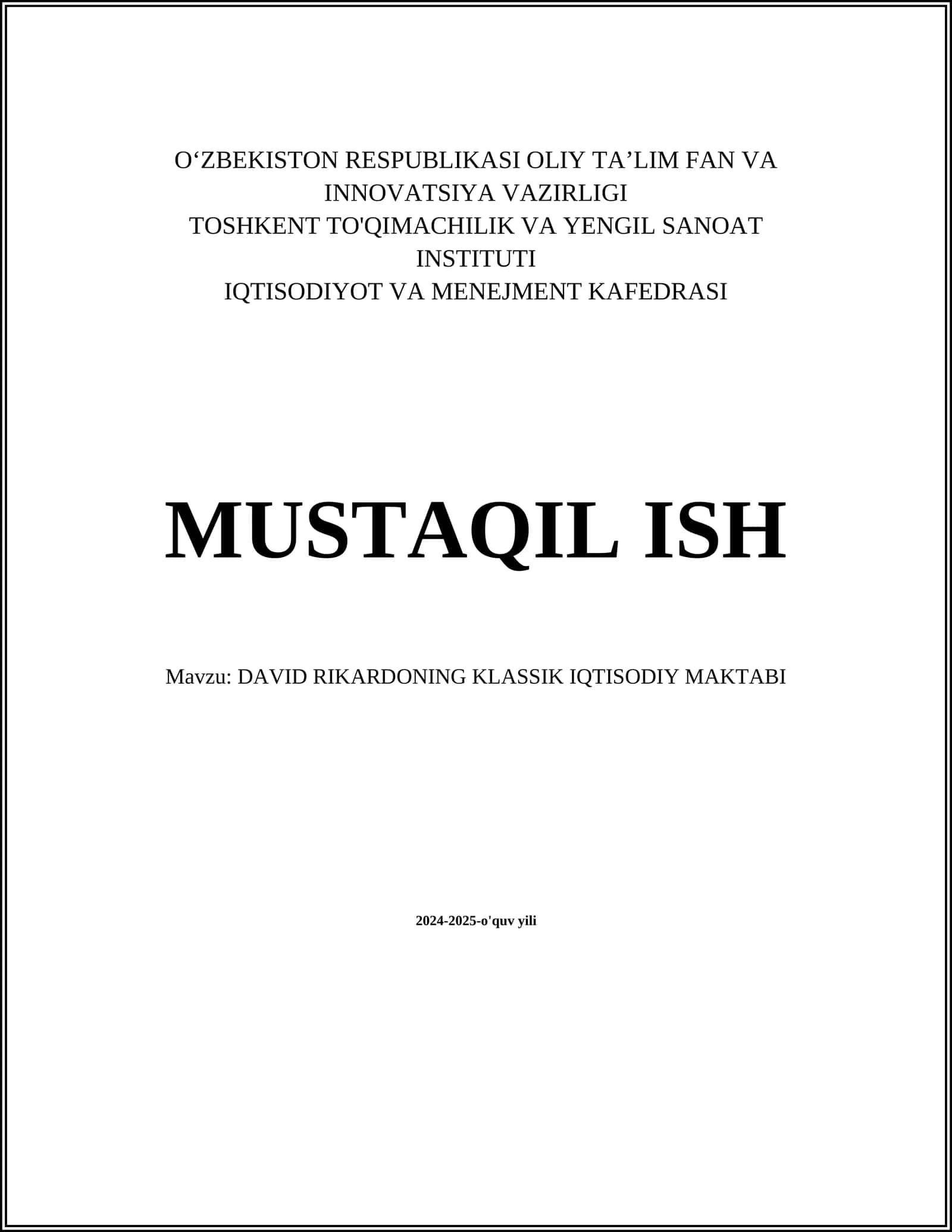 DAVID RIKARDONING KLASSIK IQTISODIY MAKTABI 1