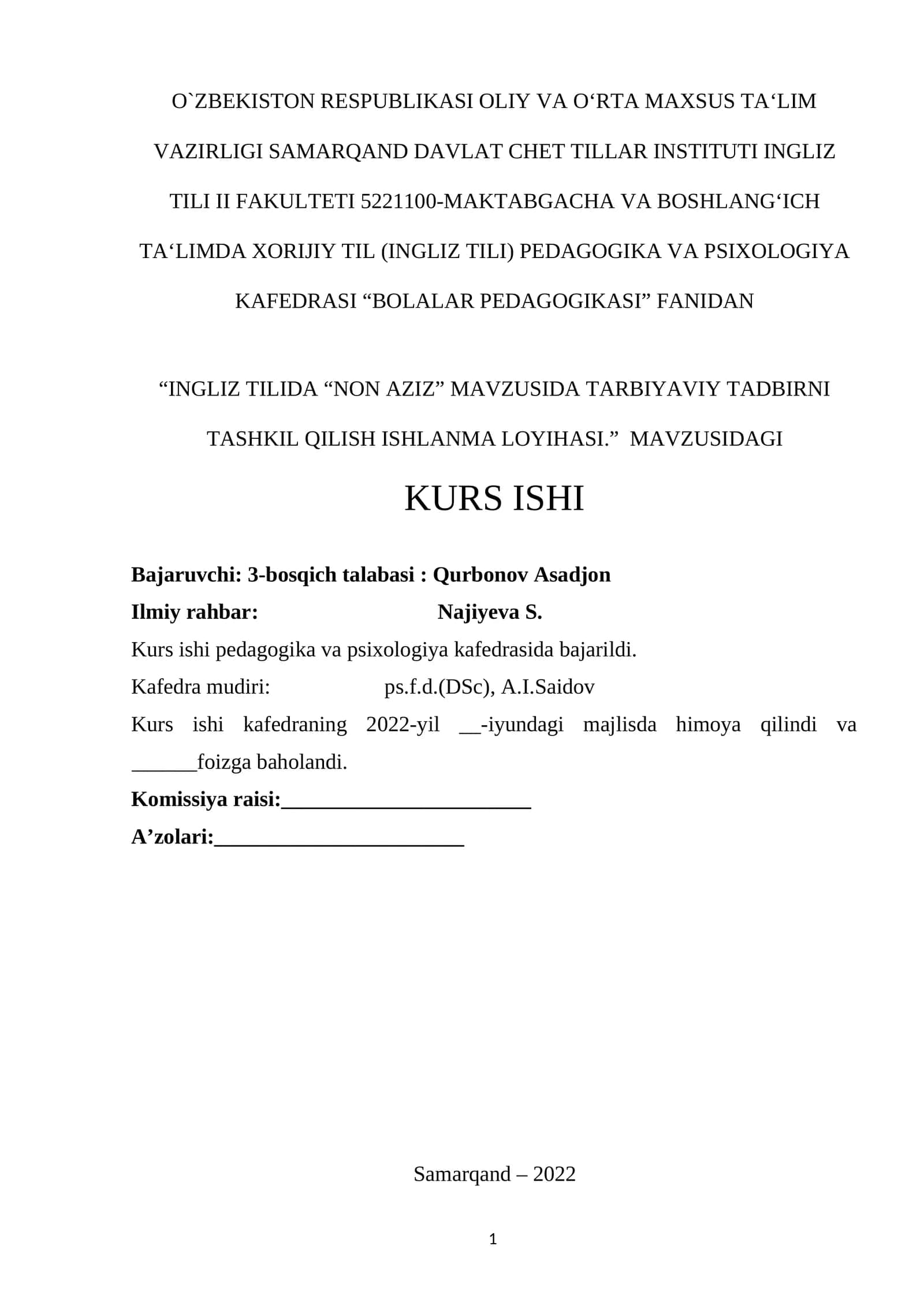 INGLIZ TILIDA “NON AZIZ” MAVZUSIDA TARBIYAVIY TADBIRNI TASHKIL QILISH ISHLANMA LOYIHASI 1