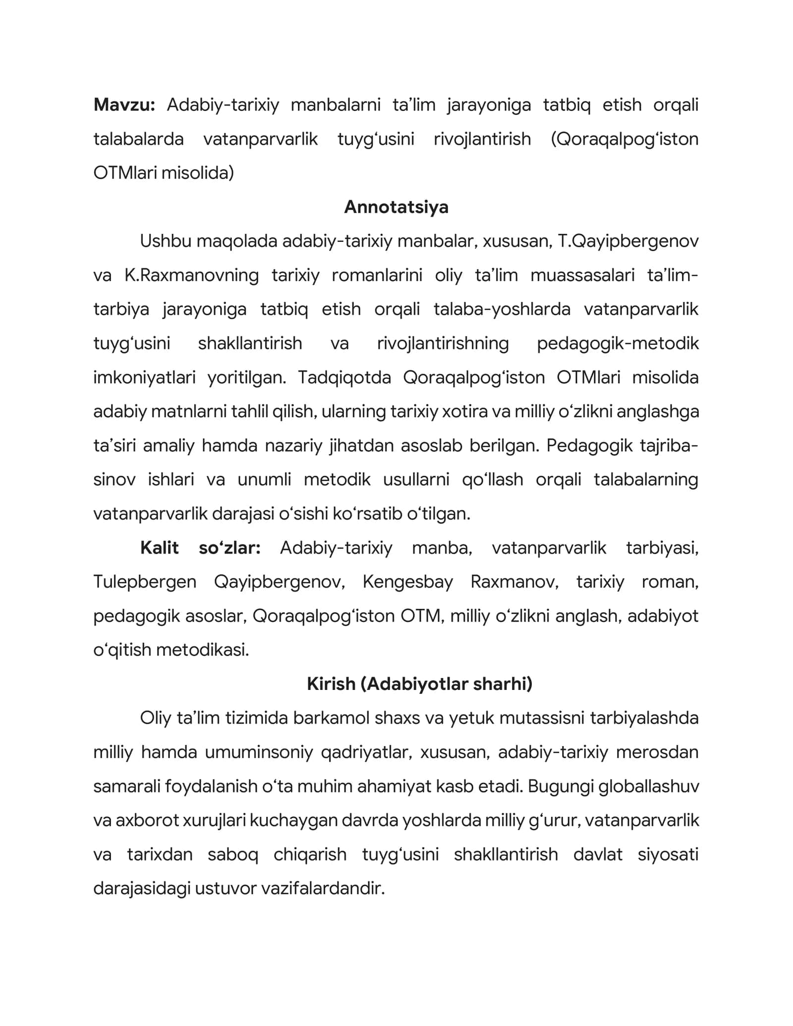 Adabiy-tarixiy manbalarni ta’lim jarayoniga tatbiq etish orqali talabalarda vatanparvarlik tuyg‘usini rivojlantirish (Qoraqalpog‘iston OTMlari misolida) 1