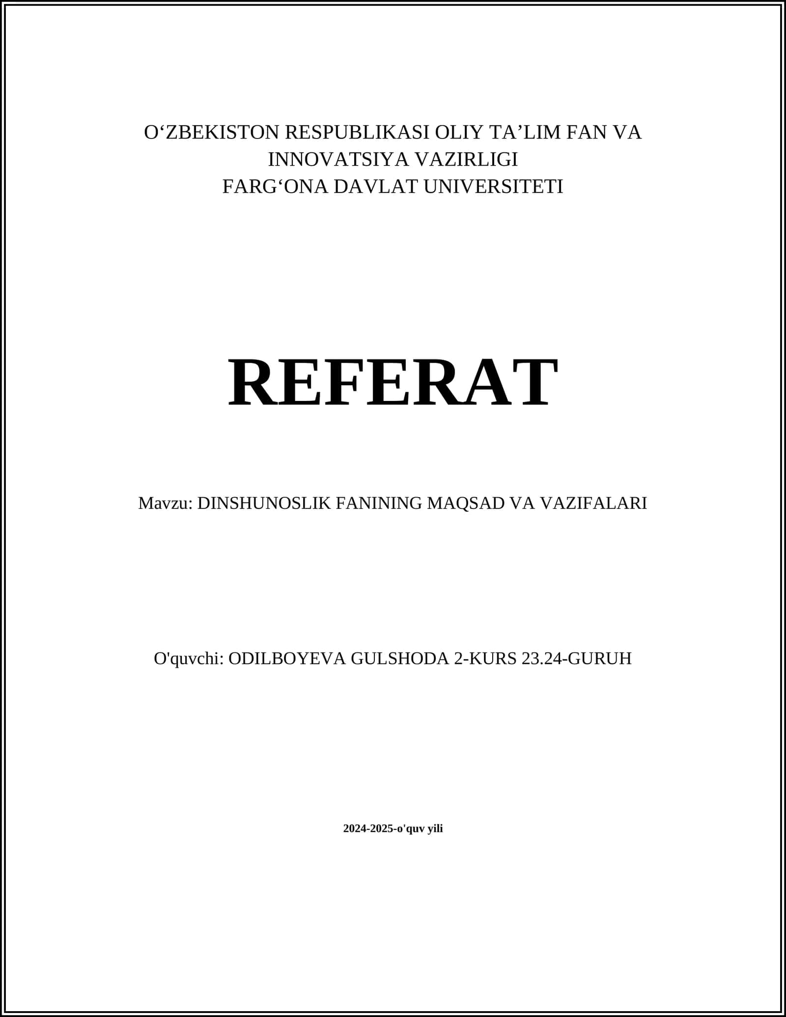DINSHUNOSLIK FANINING MAQSAD VA VAZIFALARI 1