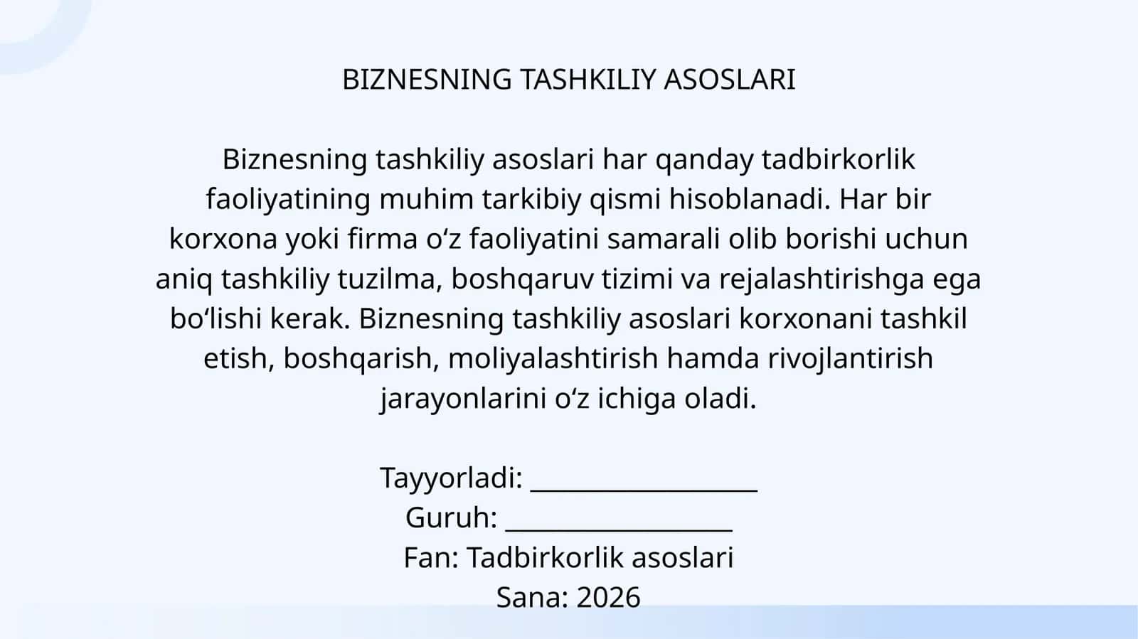 BIZNESNING TASHKILIY ASOSLARI 1