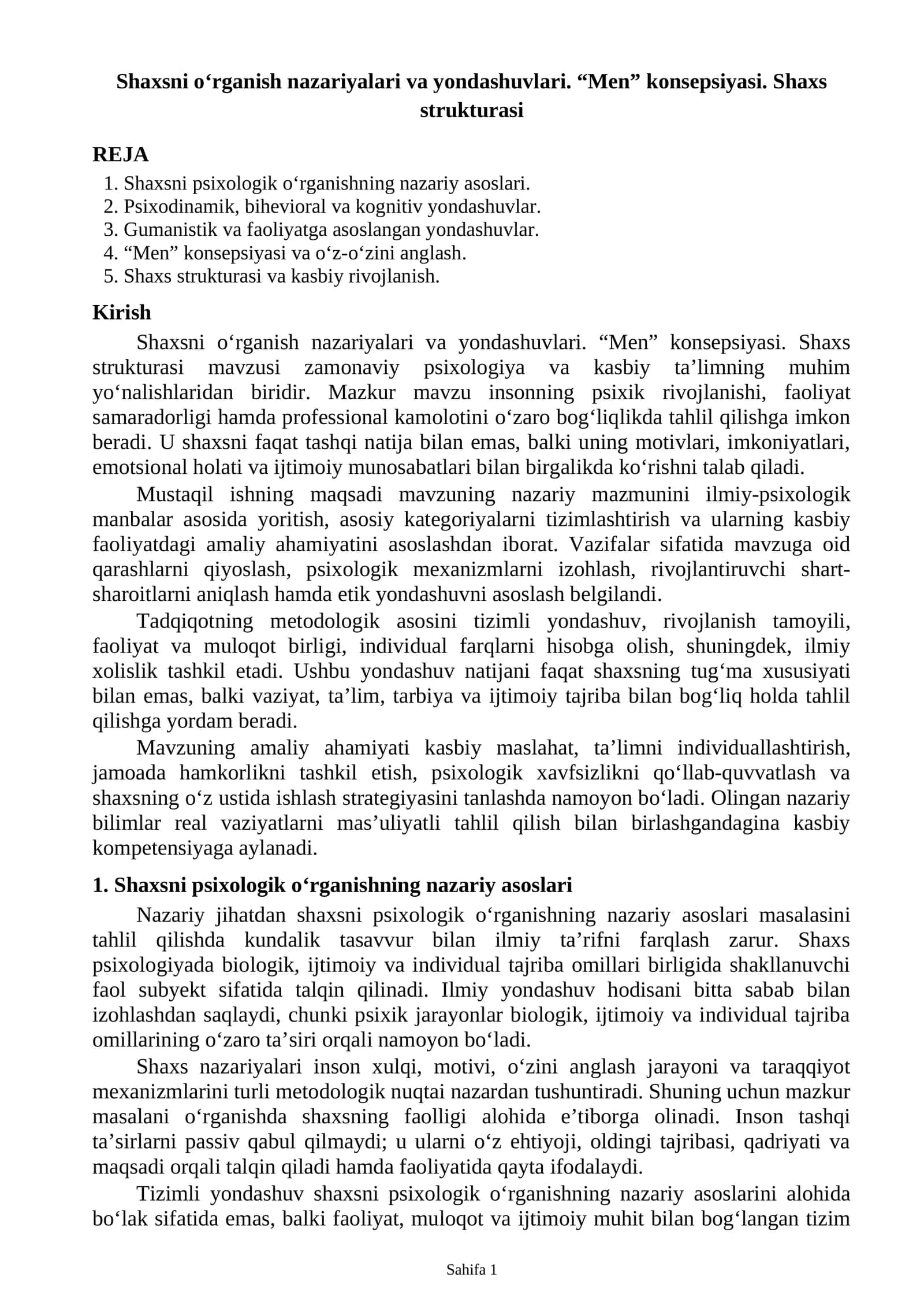 Shaxsni o‘rganish nazariyalari va yondashuvlari 1