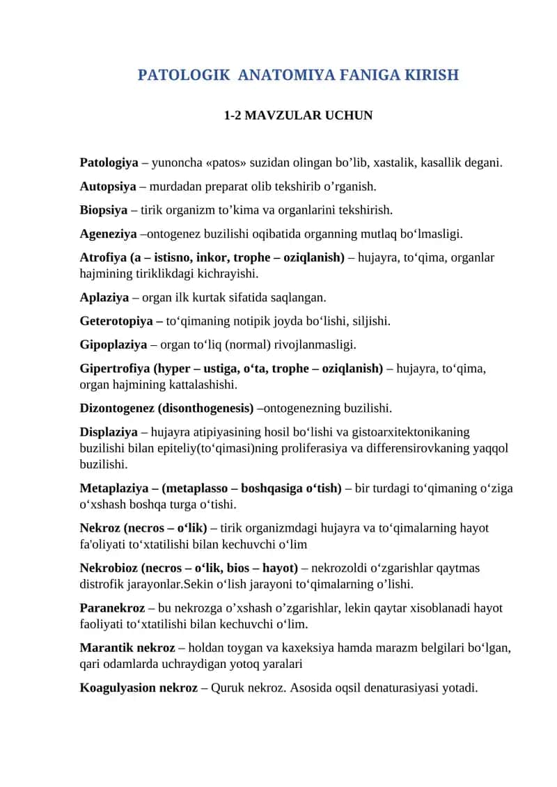 PATOLOGIK ANATOMIYA FANIGA KIRISH 1-2 MAVZULAR UCHUN 1