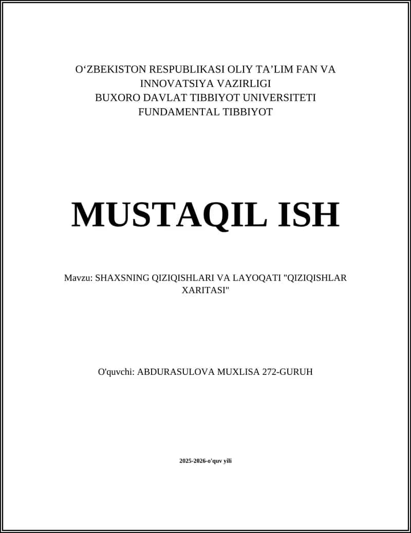 SHAXSNING QIZIQISHLARI VA LAYOQATI "QIZIQISHLAR XARITASI" 1