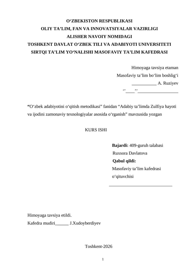 Adabiy taʼlimda Zulfiya hayoti va ijodini zamonaviy texnologiyalar asosida o‘rganish 1