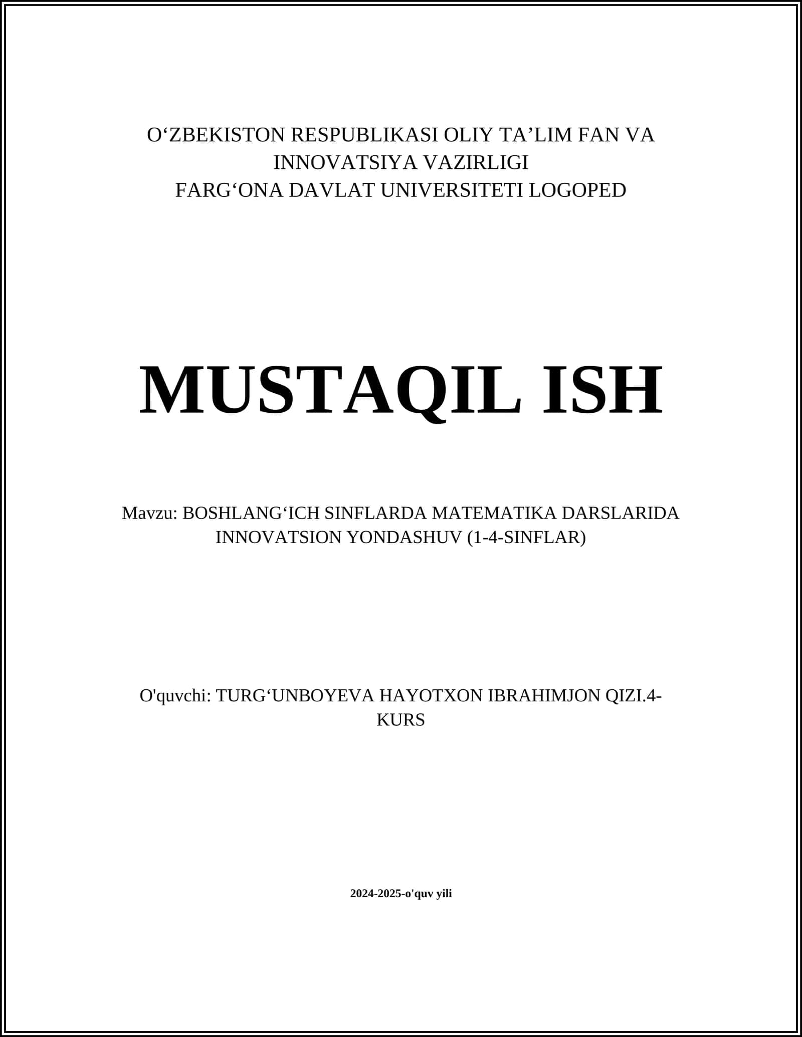 BOSHLANGʻICH SINFLARDA MATEMATIKA DARSLARIDA INNOVATSION YONDASHUV (1-4-SINFLAR) 1
