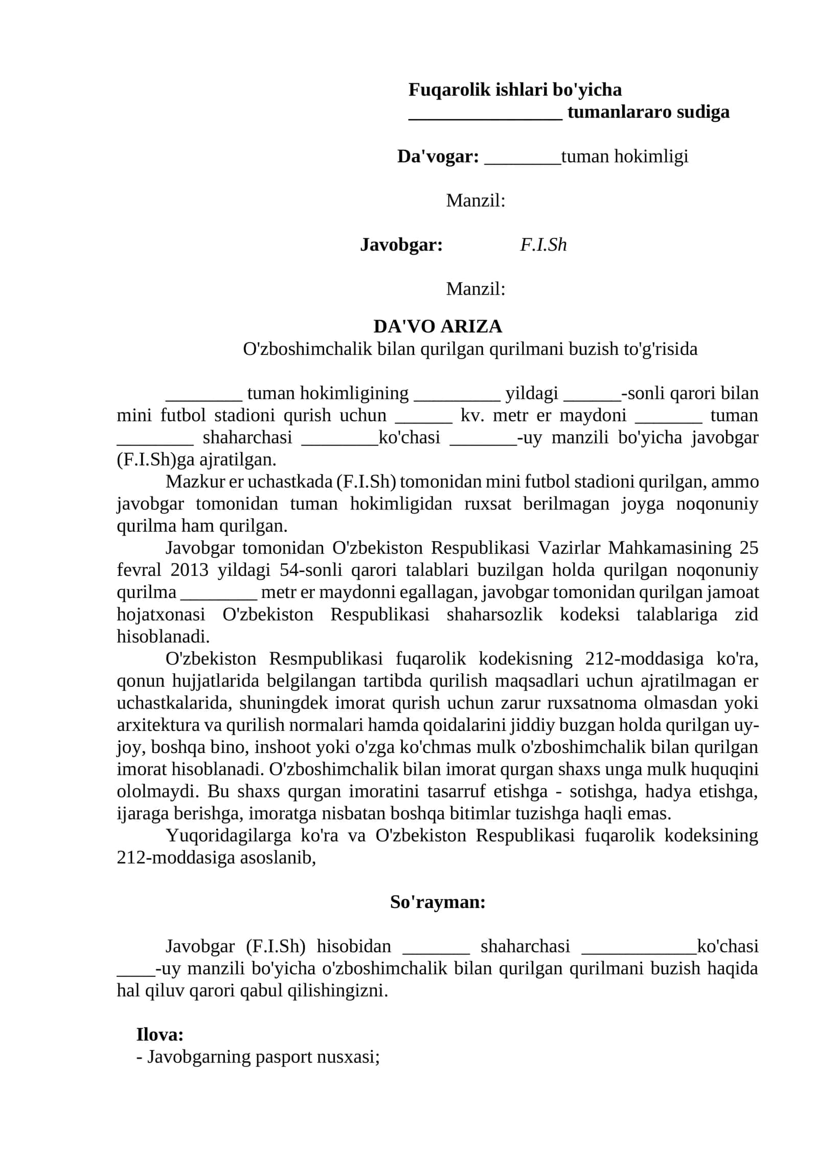 o'zboshimchalik bilan qurilgan qurilmani buzish haqida DA'VO ARIZA 1