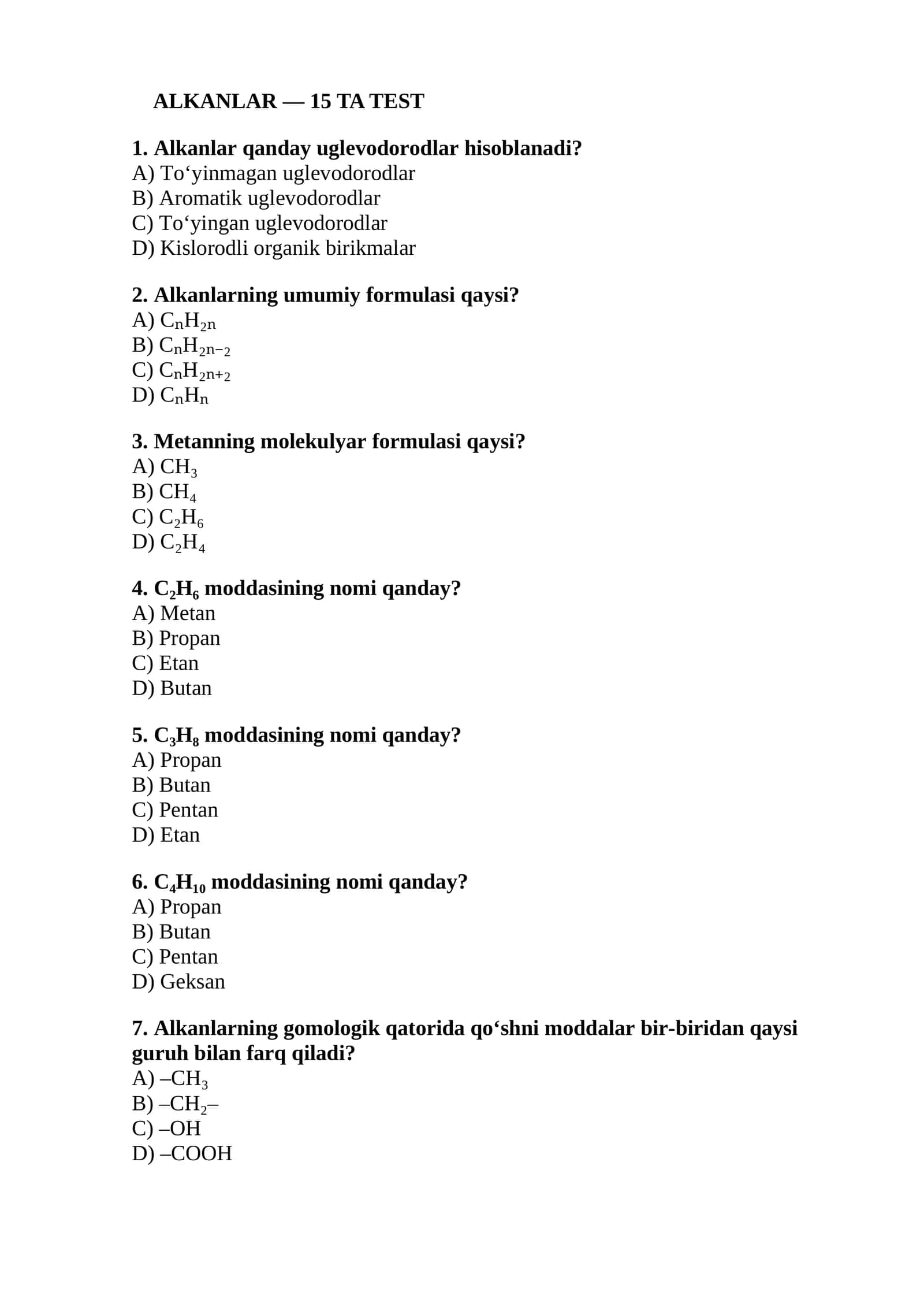 Alkanlar — 15 Ta test 1