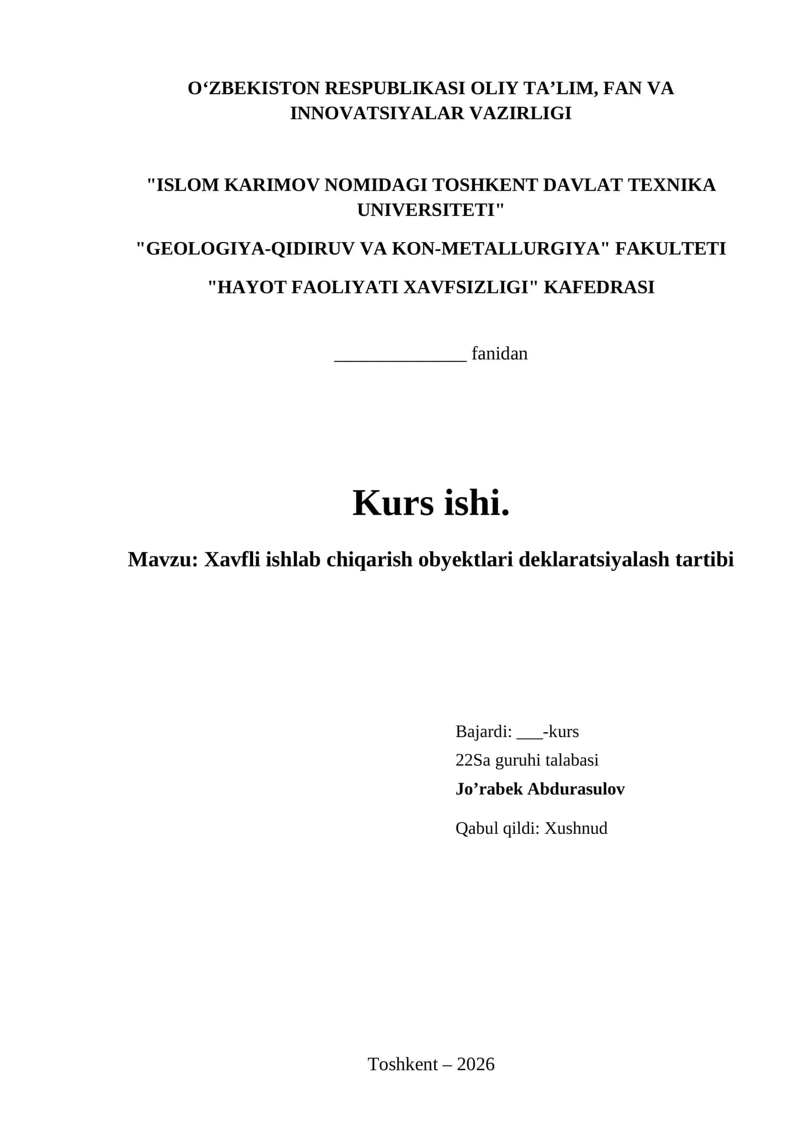 Xavfli ishlab chiqarish obyektlari deklaratsiyalash tartibi 1
