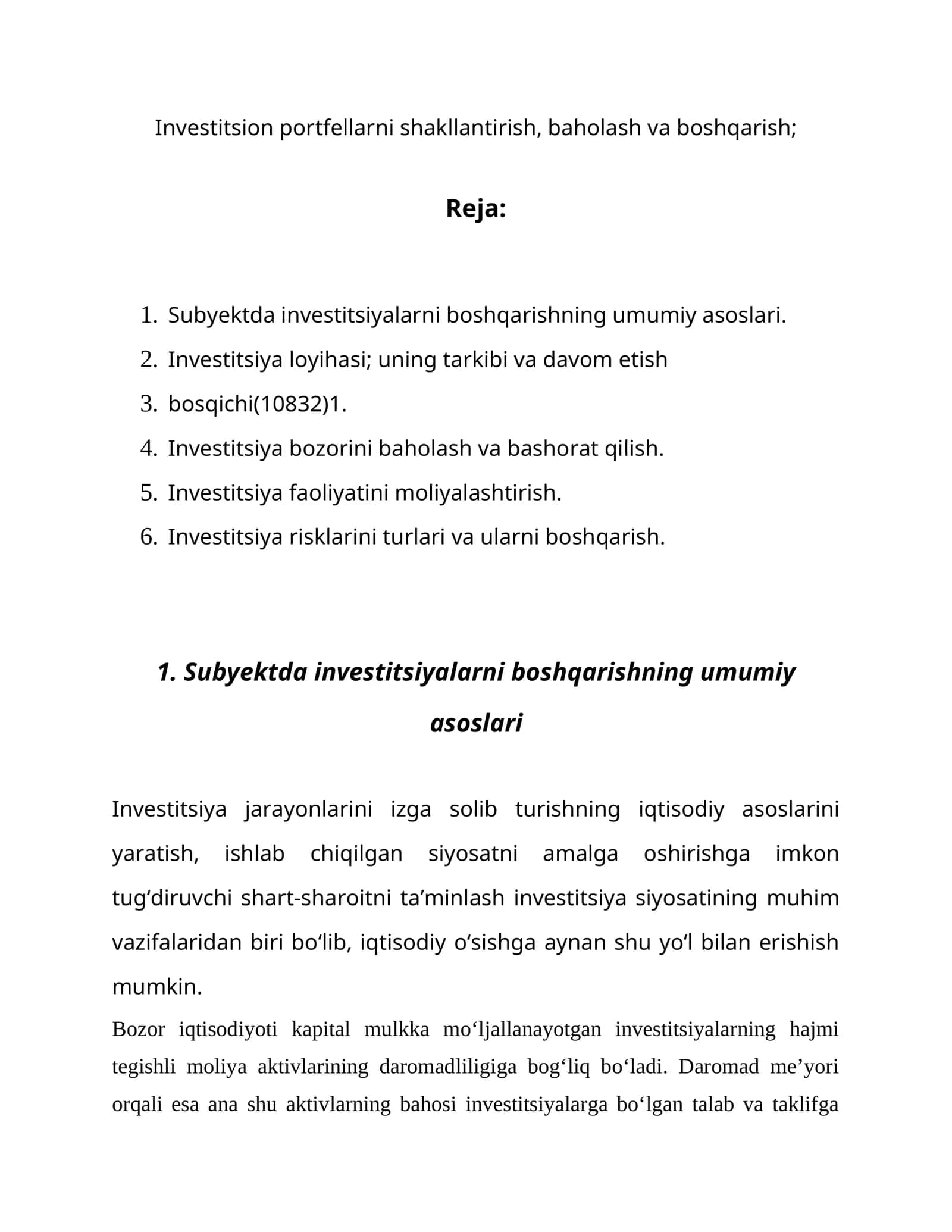 Investitsion portfellarni shakllantirish, baholash va boshqarish 1