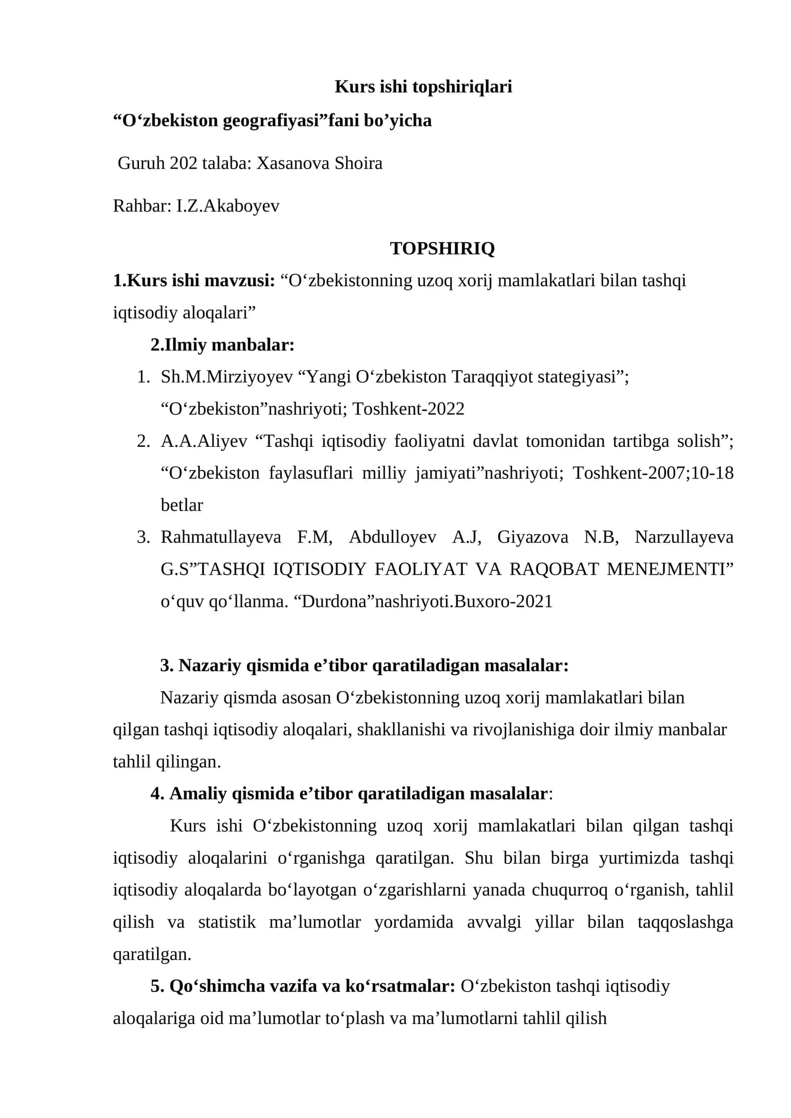 O'zbekiston geografiyasi. Kurs ishi topshiriqlari 1