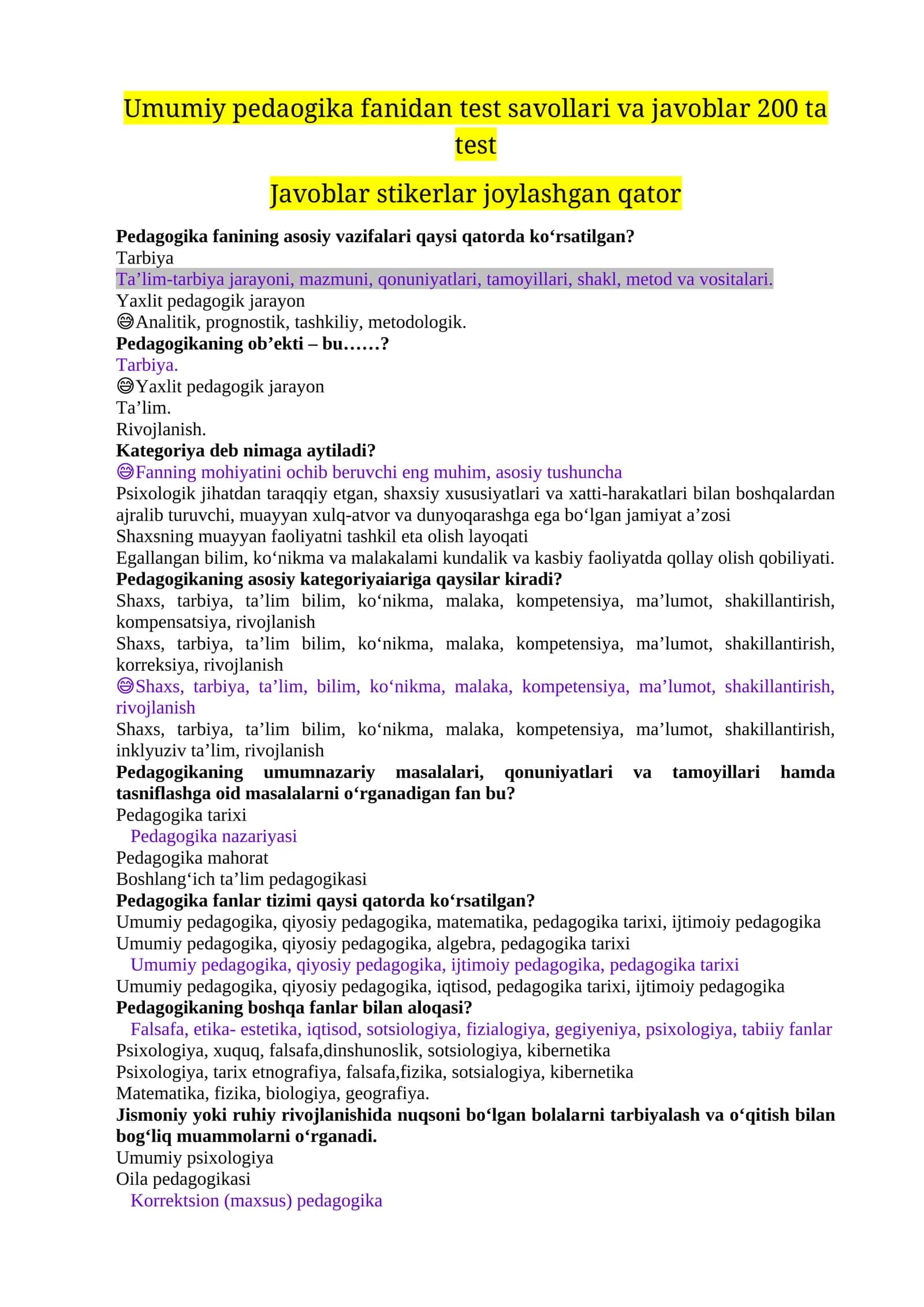Umumiy pedagogika fanidan 200 ta test savollari va javoblar to'plami 1
