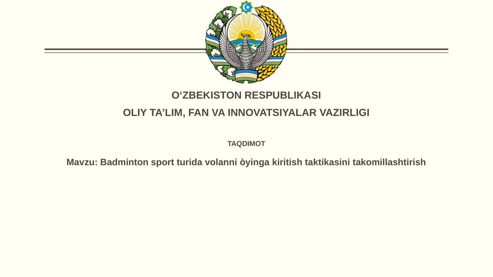 Badminton sport turida davolanni oʻyinga kiritish taktikasini takomillashtirish 1