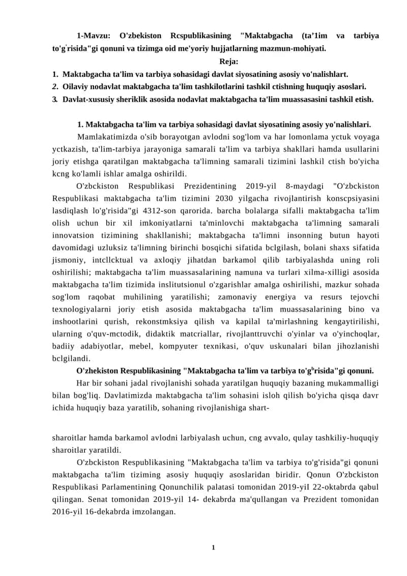 O'zbekiston Respublikasining "Maktabgacha (ta’1im va tarbiya to'g’risida"gi qonuni va tizimga oid me'yoriy hujjatlarning mazmun-mohiyati 1