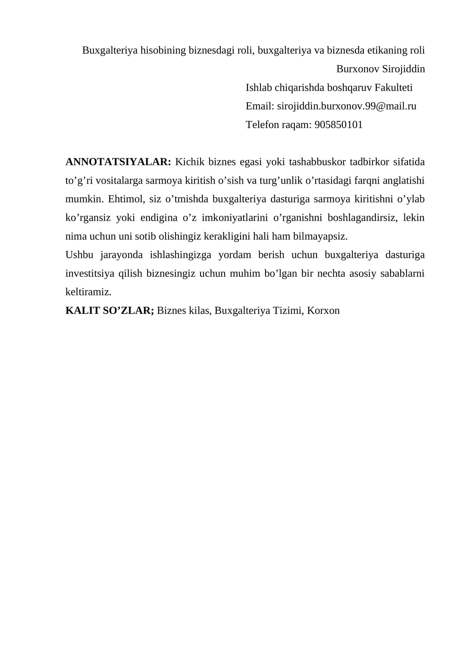 Buxgalteriya hisobining biznesdagi roli, buxgalteriya va biznesda etikaning roli 1