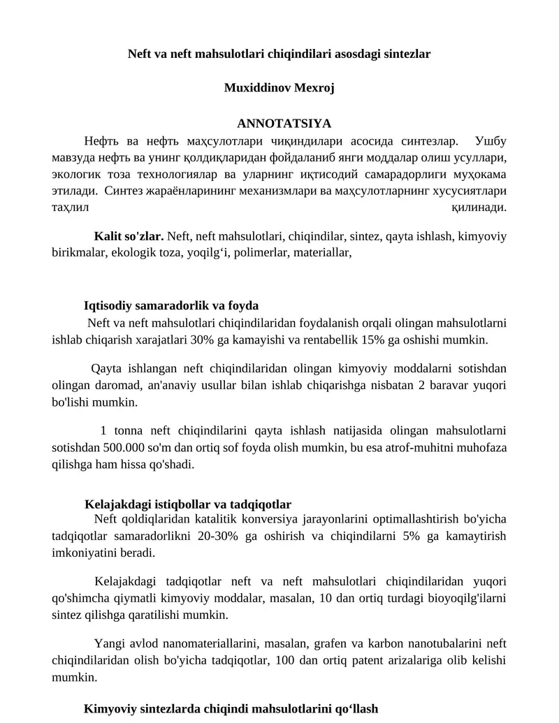 Neft va neft mahsulotlari chiqindilari asosdagi sintezlar 1