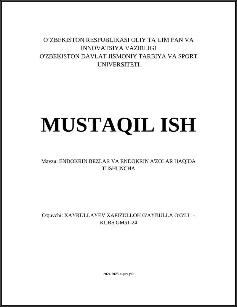 ENDOKRIN BEZLAR VA ENDOKRIN A'ZOLAR HAQIDA TUSHUNCHA