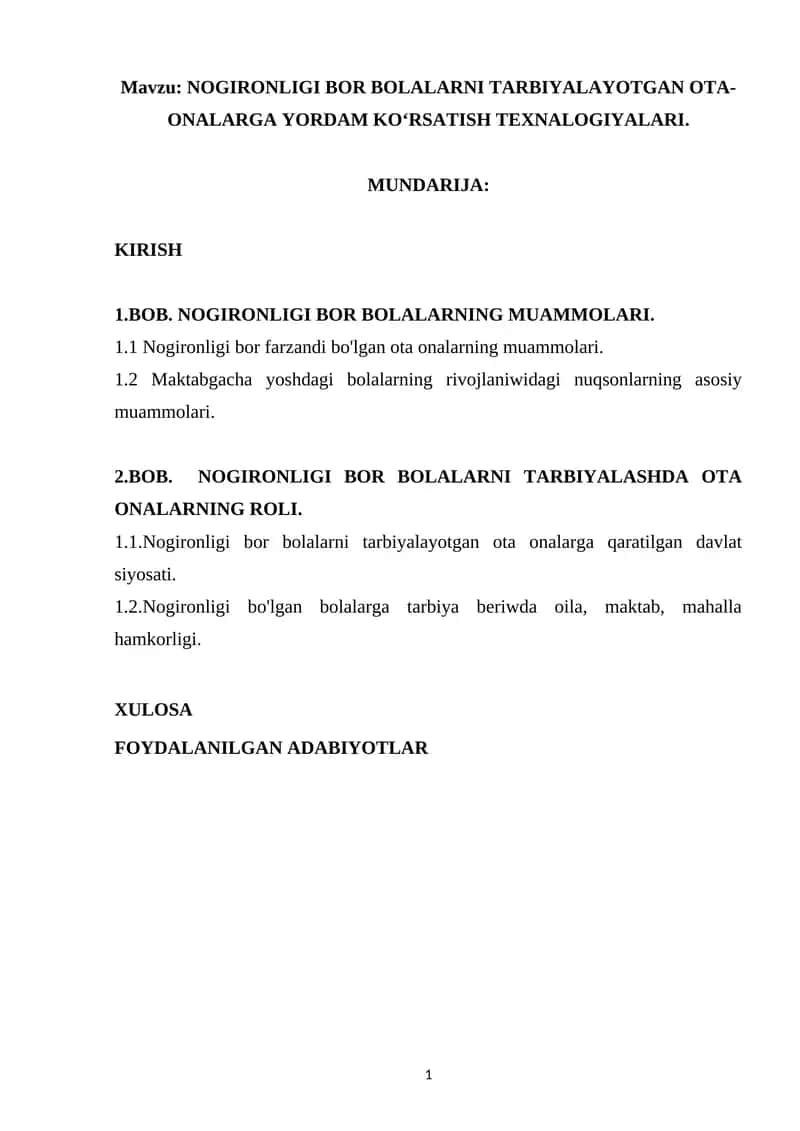 NOGIRONLIGI BOR BOLALARNI TARBIYALAYOTGAN OTA-ONALARGA YORDAM KOʻRSATISH TEXNALOGIYALARI 1