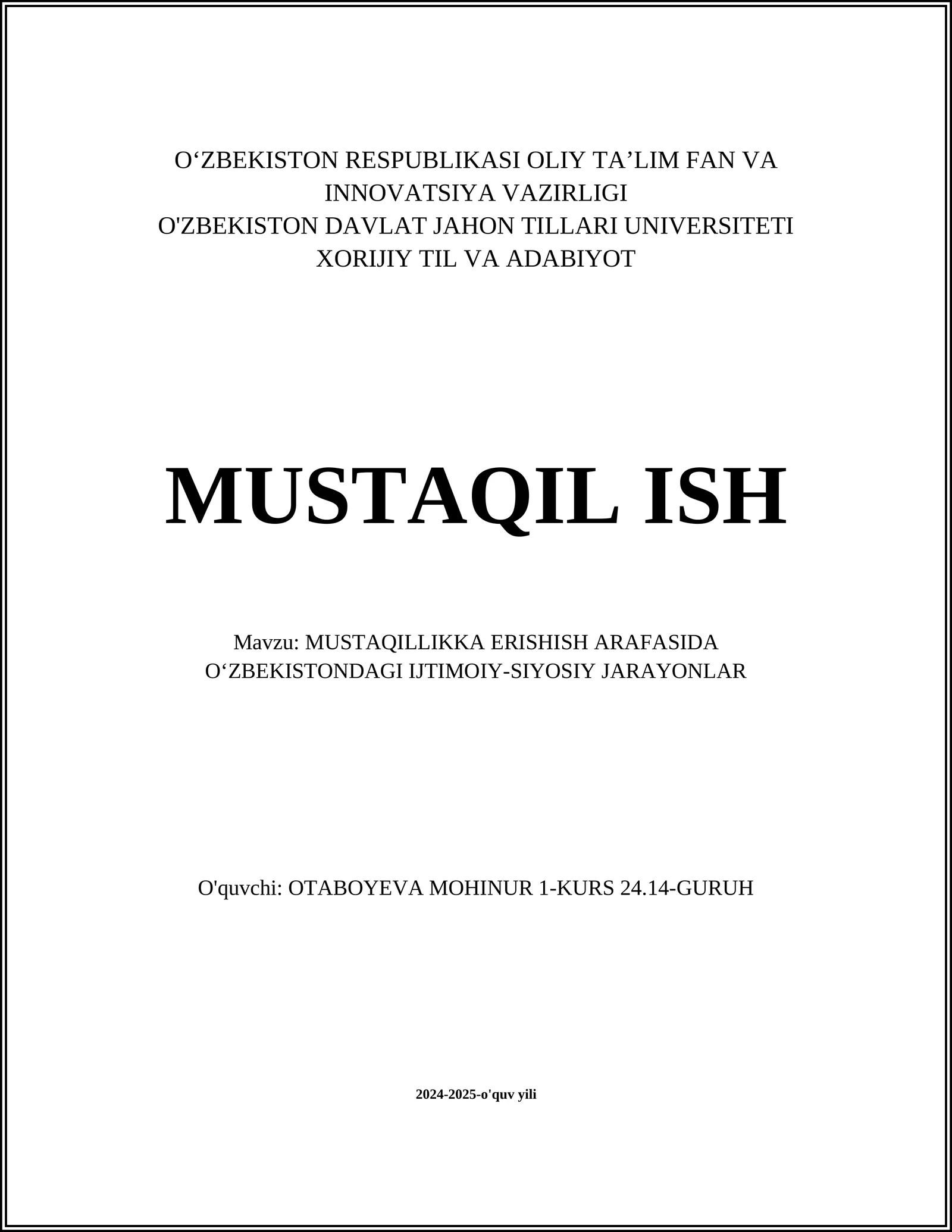 MUSTAQILLIKKA ERISHISH ARAFASIDA O‘ZBEKISTONDAGI IJTIMOIY-SIYOSIY JARAYONLAR 1