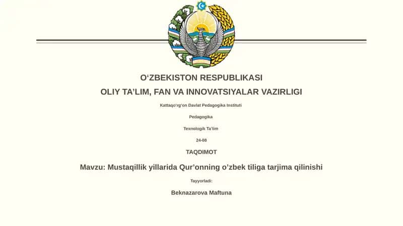 Mustaqillik yillarida Qurʼonning oʼzbek tiliga tarjima qilinishi 1