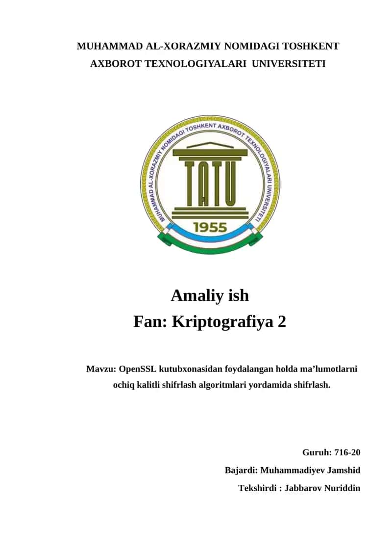 OpenSSL kutubxonasidan foydalangan holda ma’lumotlarni ochiq kalitli shifrlash algoritmlari yordami 1