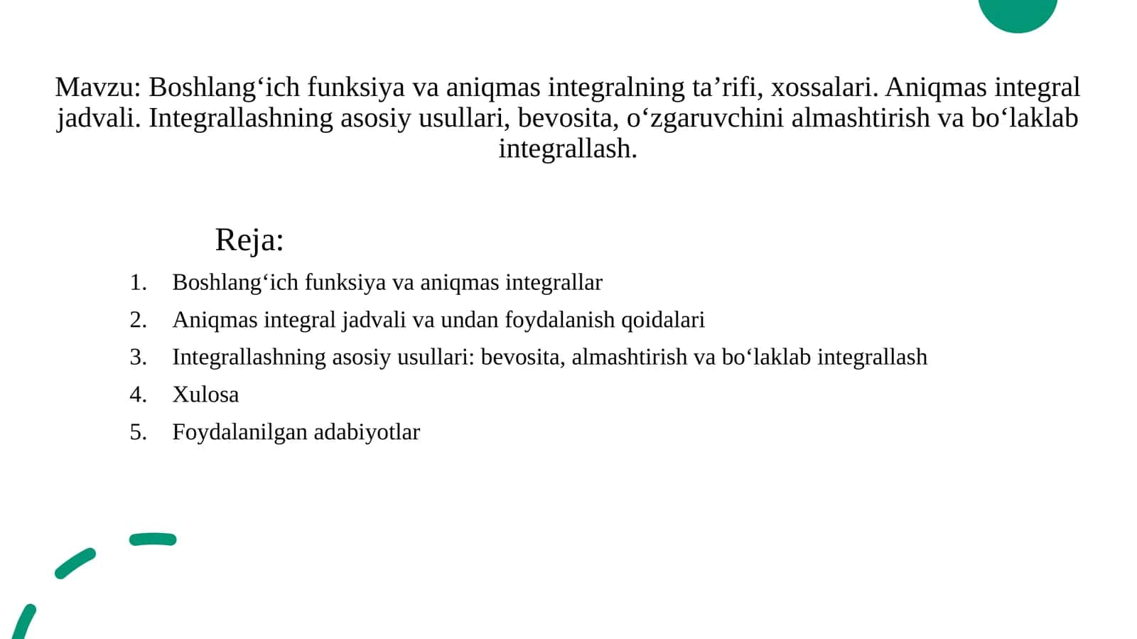 Boshlang‘ich funksiya va aniq mas integral 1