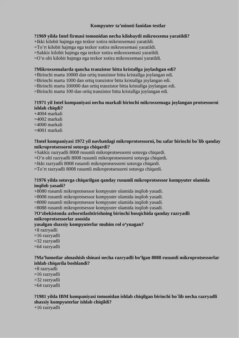 Kompyuter ta'minoti fanidan testlar 1