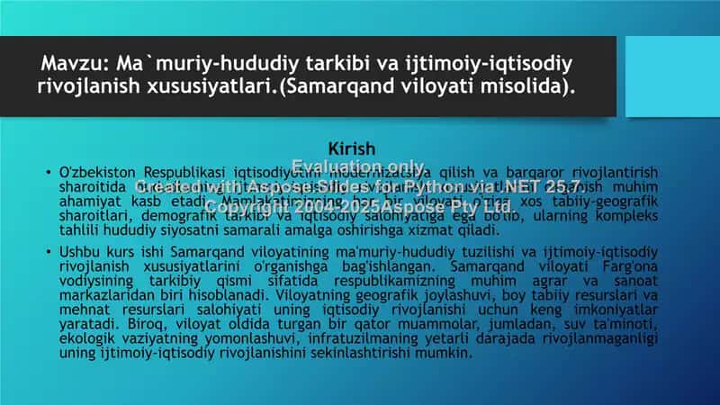 Samarqand viloyatining ma'muriy-hududiy tarkibi va ijtimoiy-iqtisodiy rivojlanishi (kurs ishi) 1