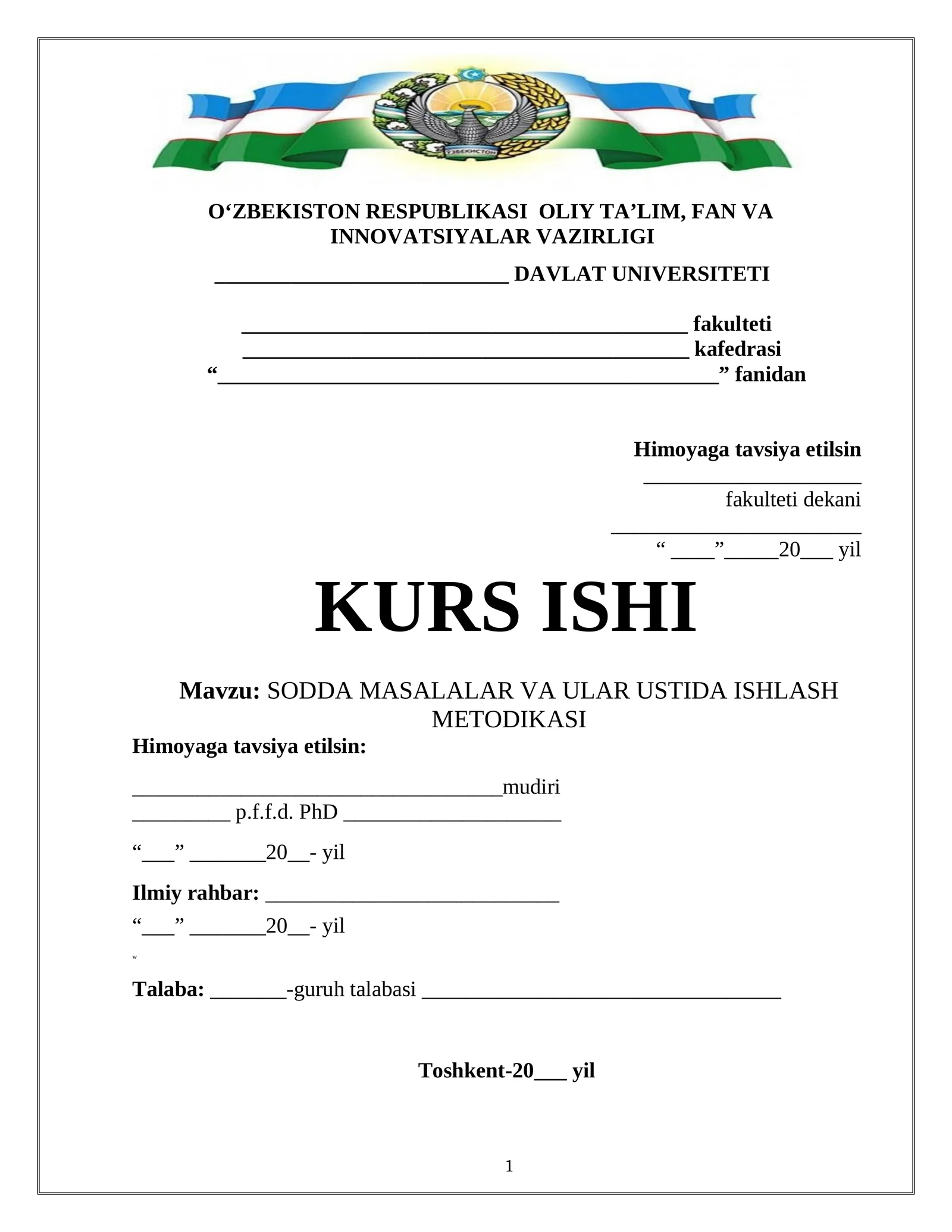 SODDA MASALALAR VA ULAR USTIDA ISHLASH METODIKASI 1