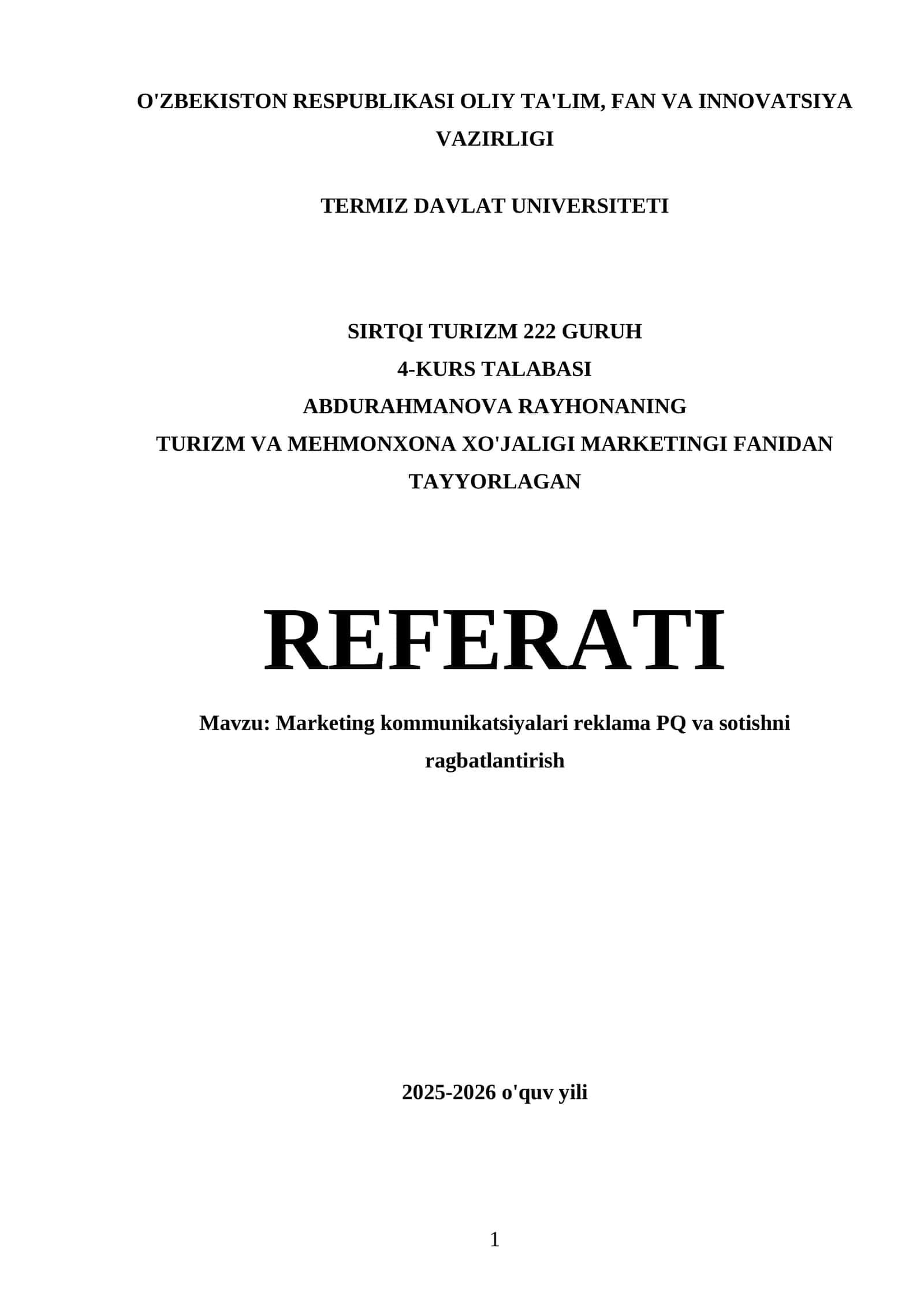 TURIZM VA MEHMONXONA XO'JALIGI MARKETINGI FANIDAN TAYYORLAGAN REFERATI 1