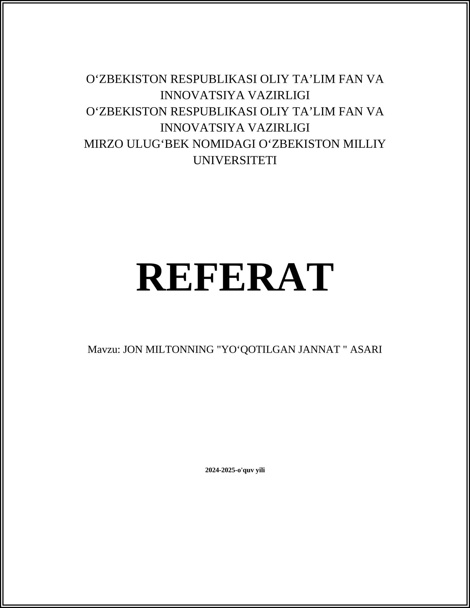 JON MILTONNING "YOʻQOTILGAN JANNAT " ASARI 1