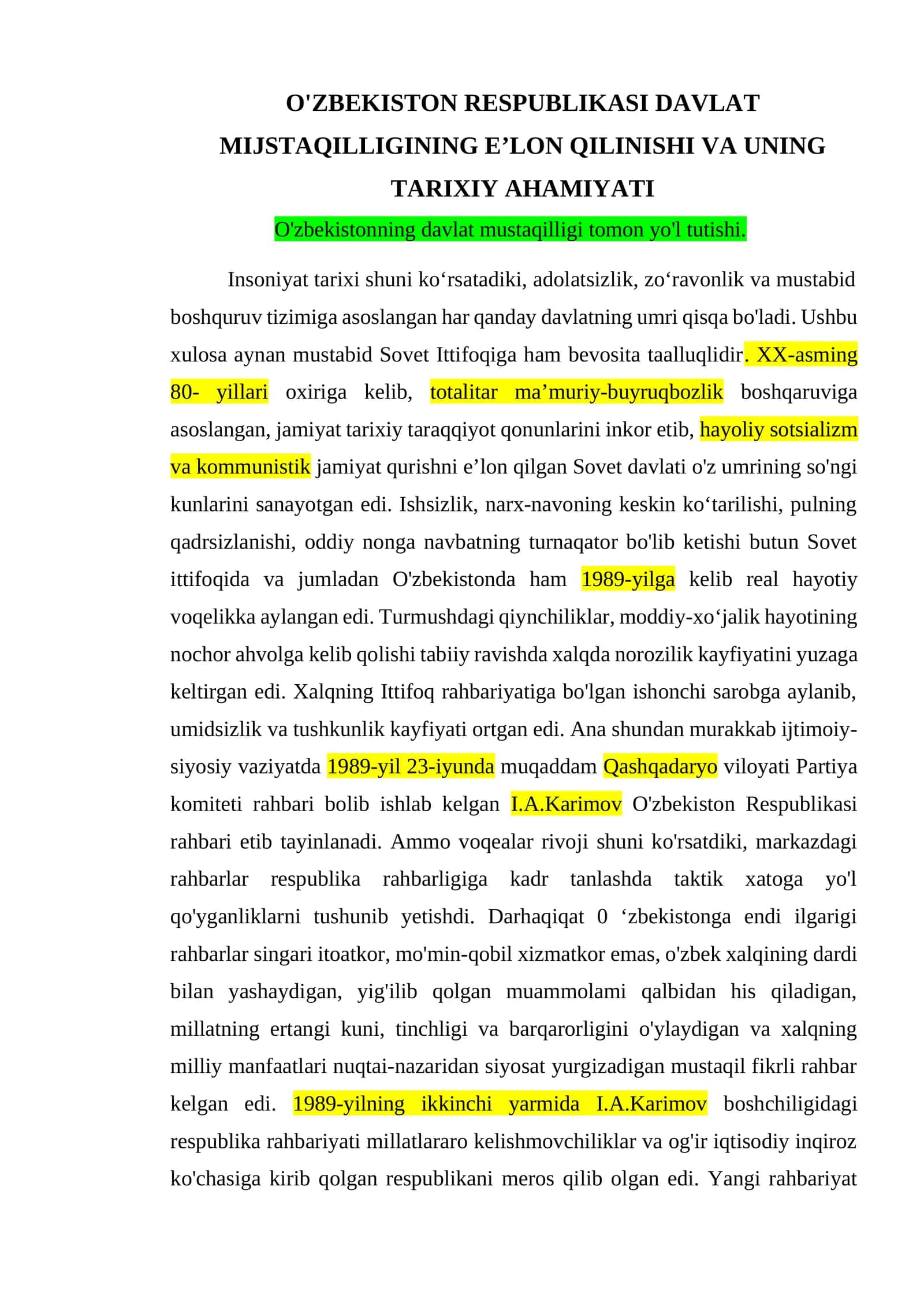 O'ZBEKISTON RESPUBLIKASI DAVLAT MIJSTAQILLIGINING E’LON QILINISHI VA UNING TARIXIY AHAMIYATI 1