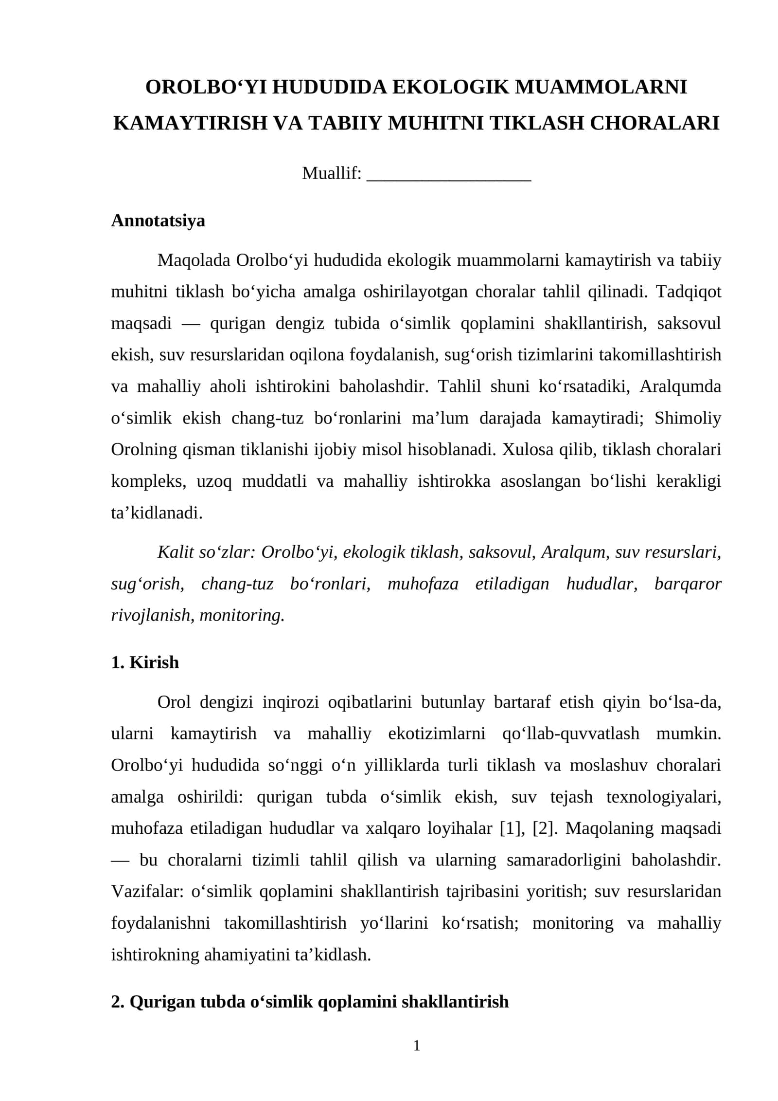 OROLBO‘YI HUDUDIDA EKOLOGIK MUAMMOLARNI KAMAYTIRISH VA TABIIY MUHITNI TIKLASH CHORALARI 1