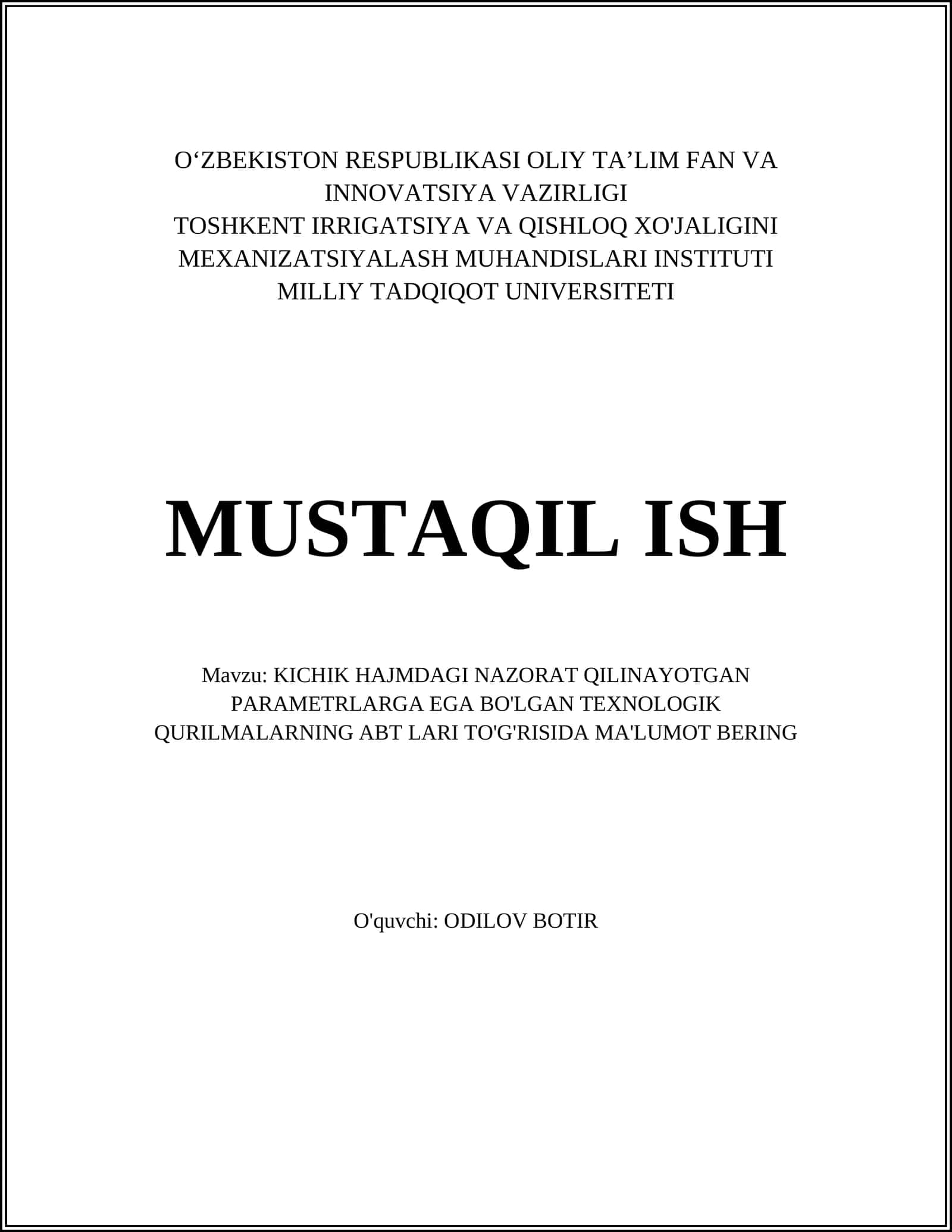 KICHIK HAJMDAGI NAZORAT QILINAYOTGAN PARAMETRLARGA EGA BO'LGAN TEXNOLOGIK QURILMALARNING ABT LARI TO'G'RISIDA MA'LUMOT BERING 1