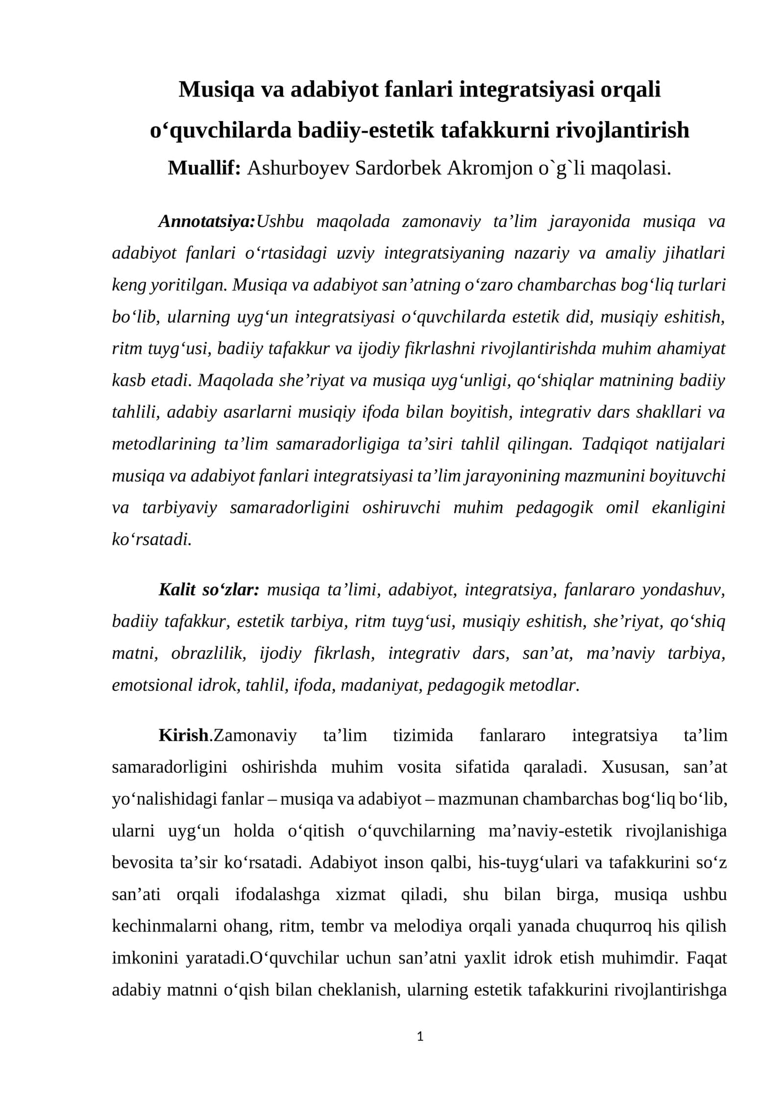 Musiqa va adabiyot fanlari integratsiyasi orqali o‘quvchilarda badiiy-estetik tafakkurni rivojlantirish 1