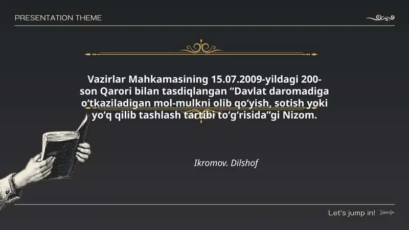 Davlat daromadiga oʻtkaziladigan mol-mulkni olib qoʻyish, sotish yoki yoʻq qilib tashlash tartibi toʻgʻrisida Nizom 1