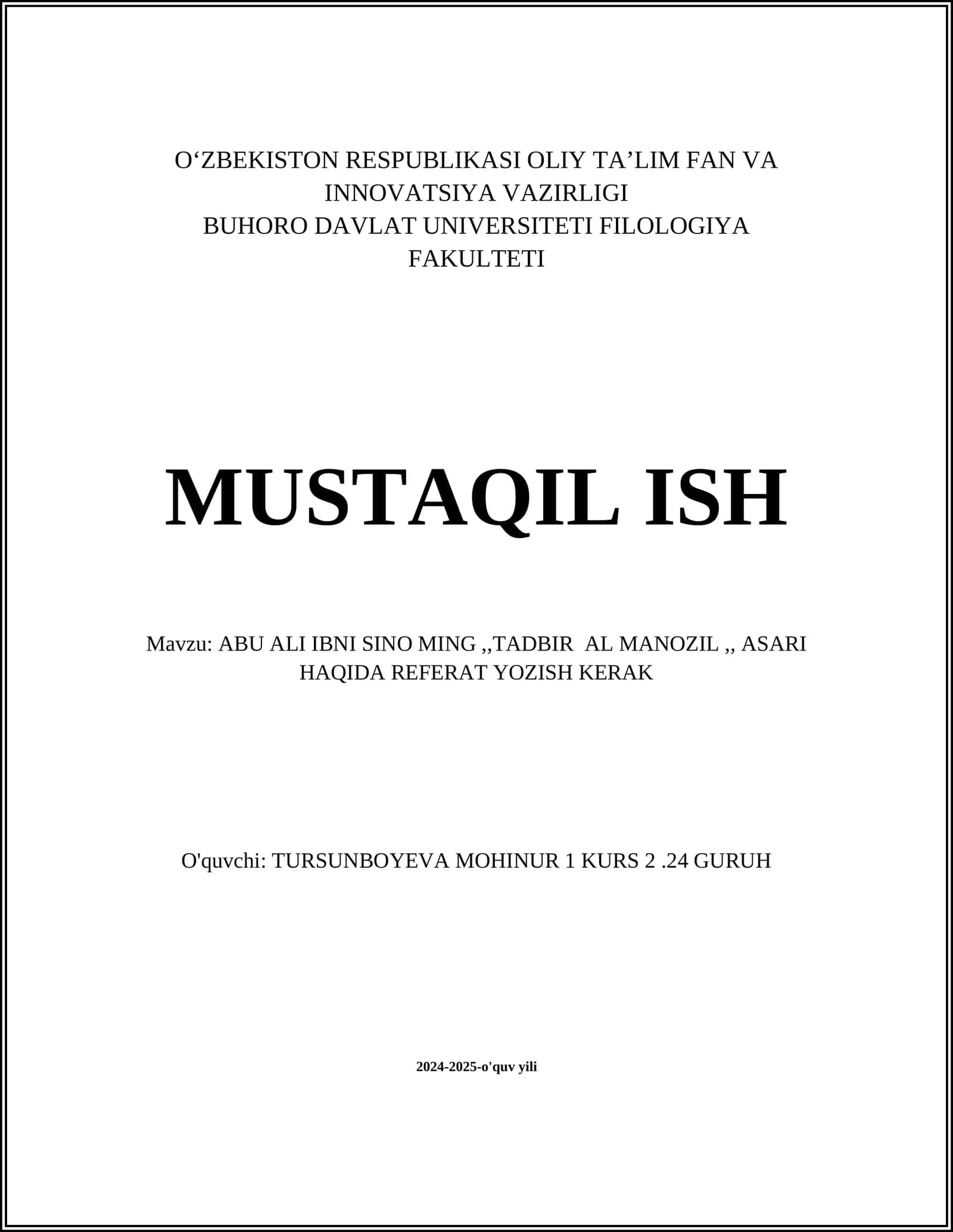 ABU ALI IBNI SINO MING,,TADBIR AL MANOZIL,, ASARI HAQIDA REFERAT YOZISH KERAK 1
