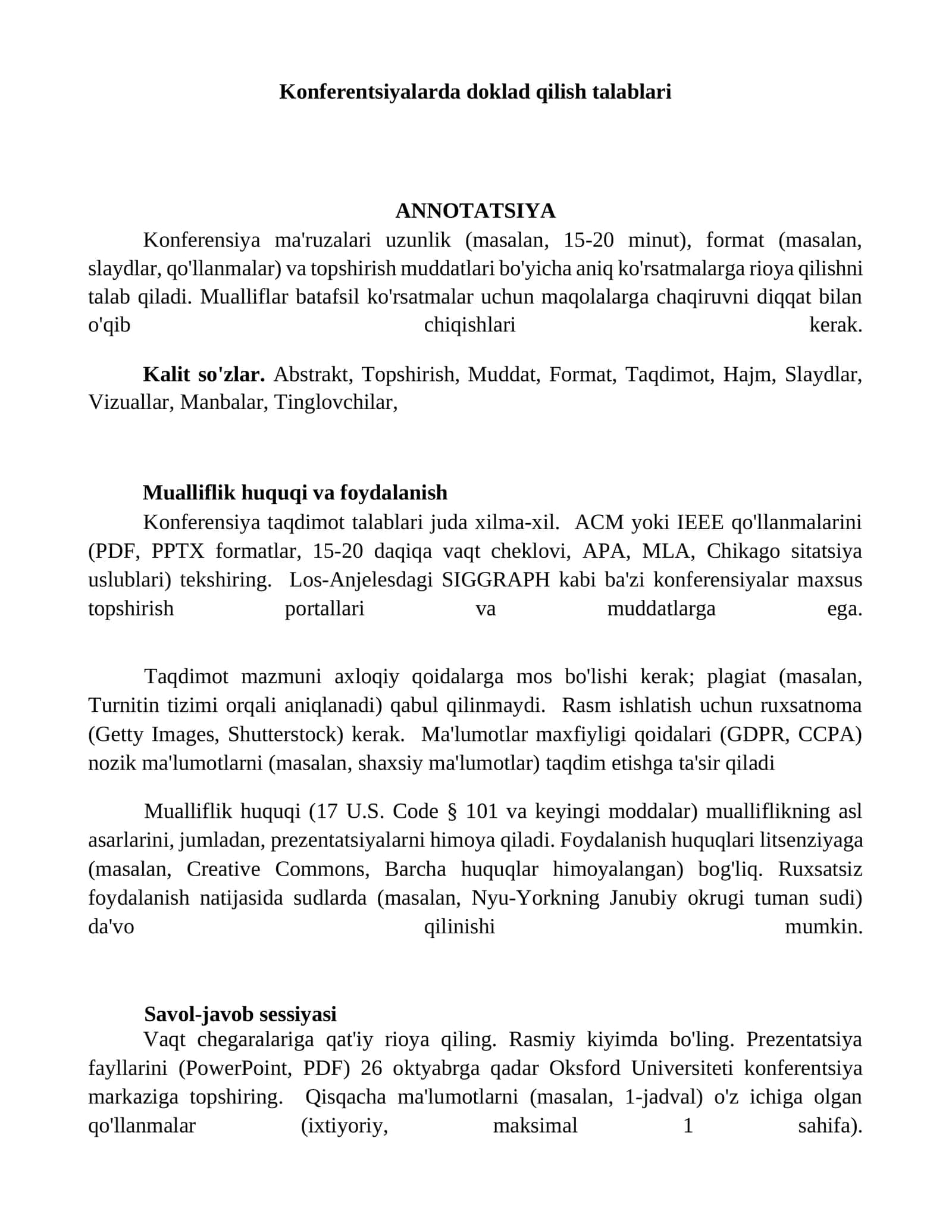 Konferentsiyalarda doklad qilish talablari 1