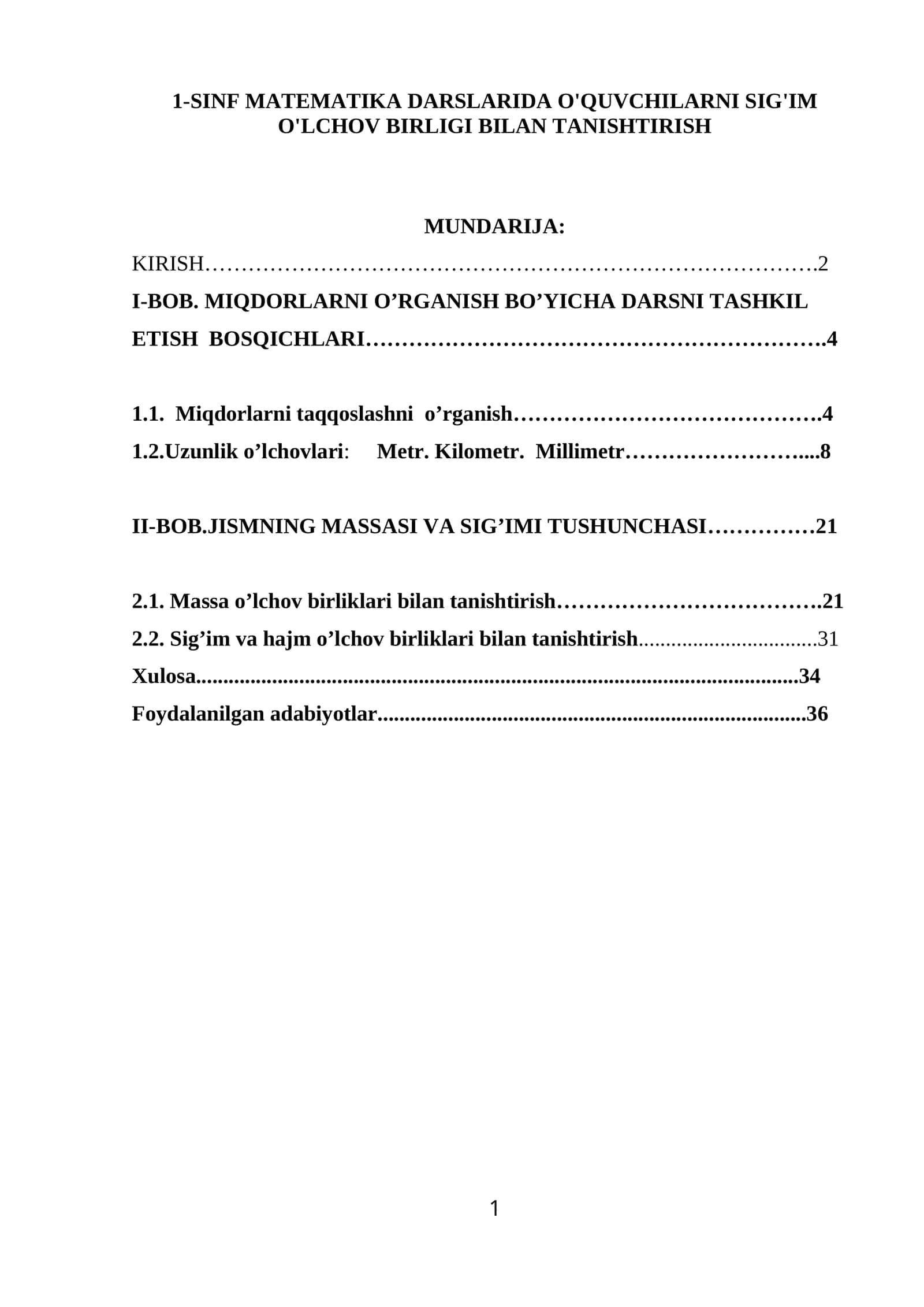 1-SINF MATEMATIKA DARSLARIDA O'QUVCHILARNI SIG'IM O'LCHOV BIRLIGI BILAN TANISHTIRISH 1