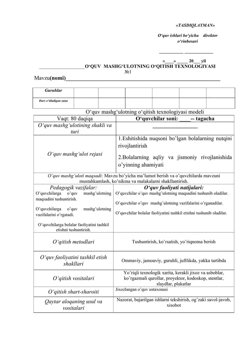 O‘quv mashg‘ulotning o‘qitish texnologiyasi modeli 1