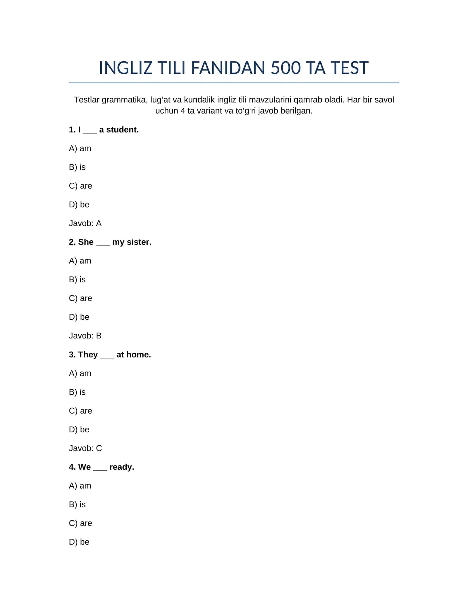 INGLIZ TILI FANIDAN 500 TA TEST 1